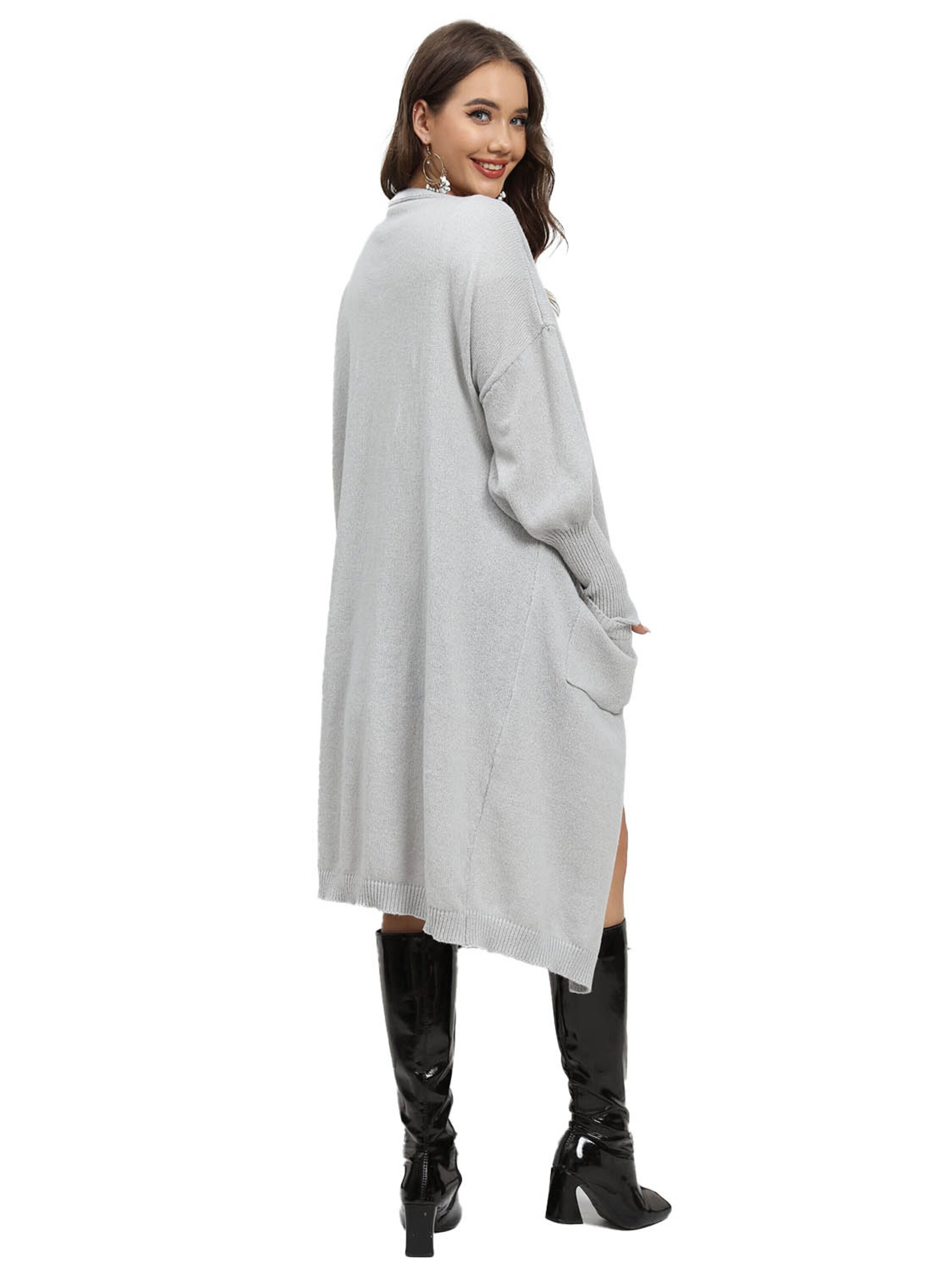 KoJooin Kardigan 'Damen Oversize Wollcardigan Taschen und Ballonärmeln Weicher,Langer Strickmantel in Einheitsgröße' w kolorze szary