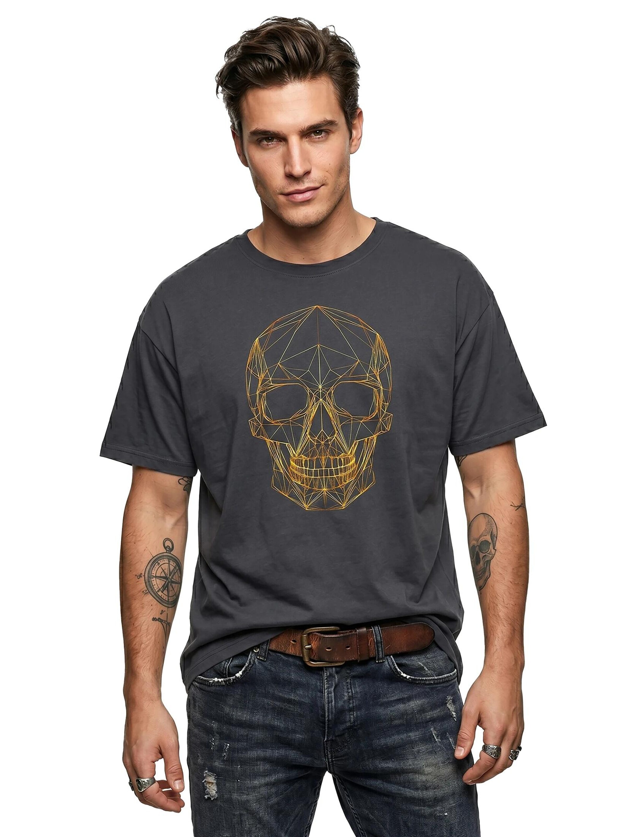 MAKAYA Shirt 'Line Skull' in Grey