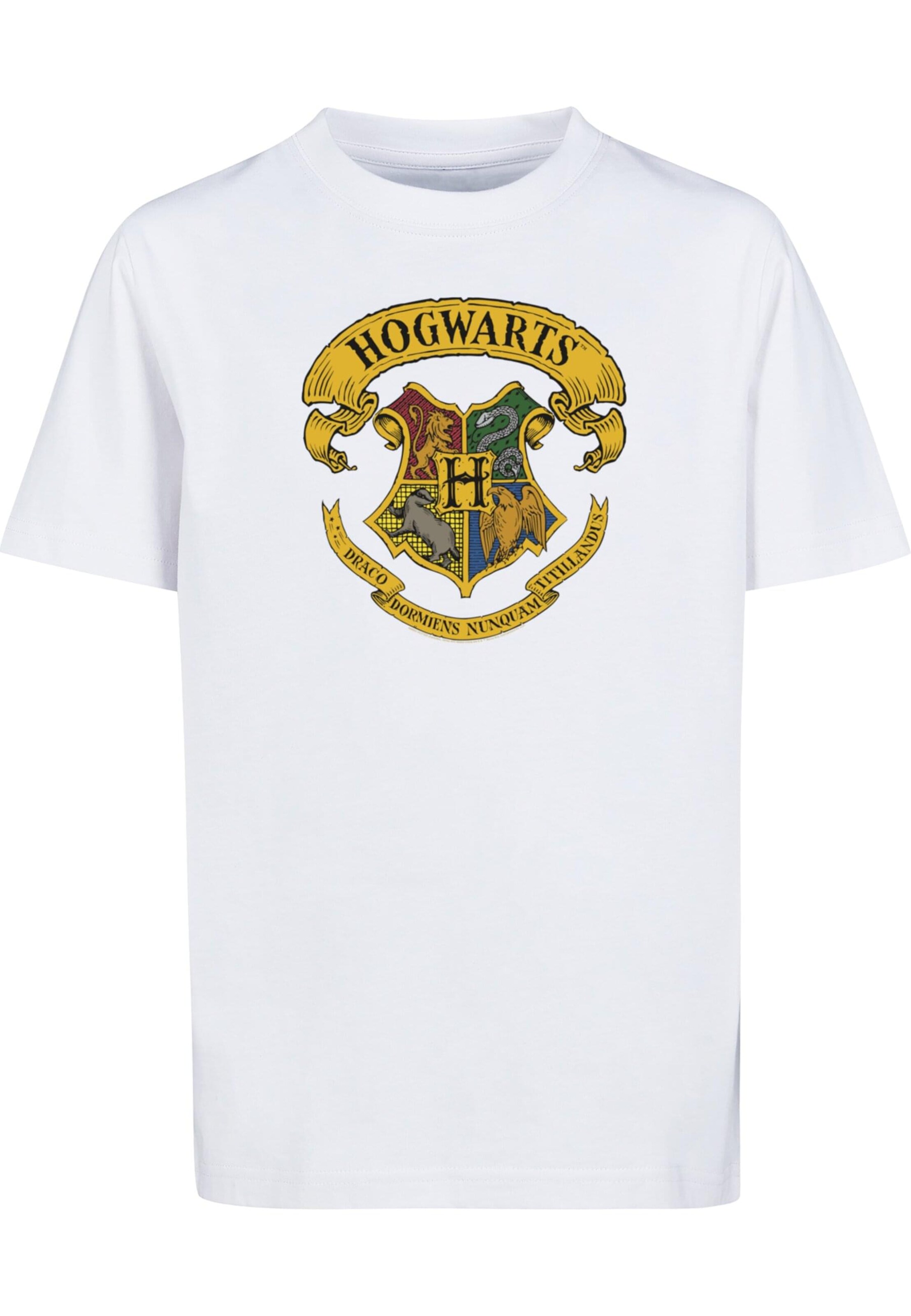 ABSOLUTE CULT Shirt 'Harry Potter - Hogwarts Ribbon Crest' in Wit: voorkant