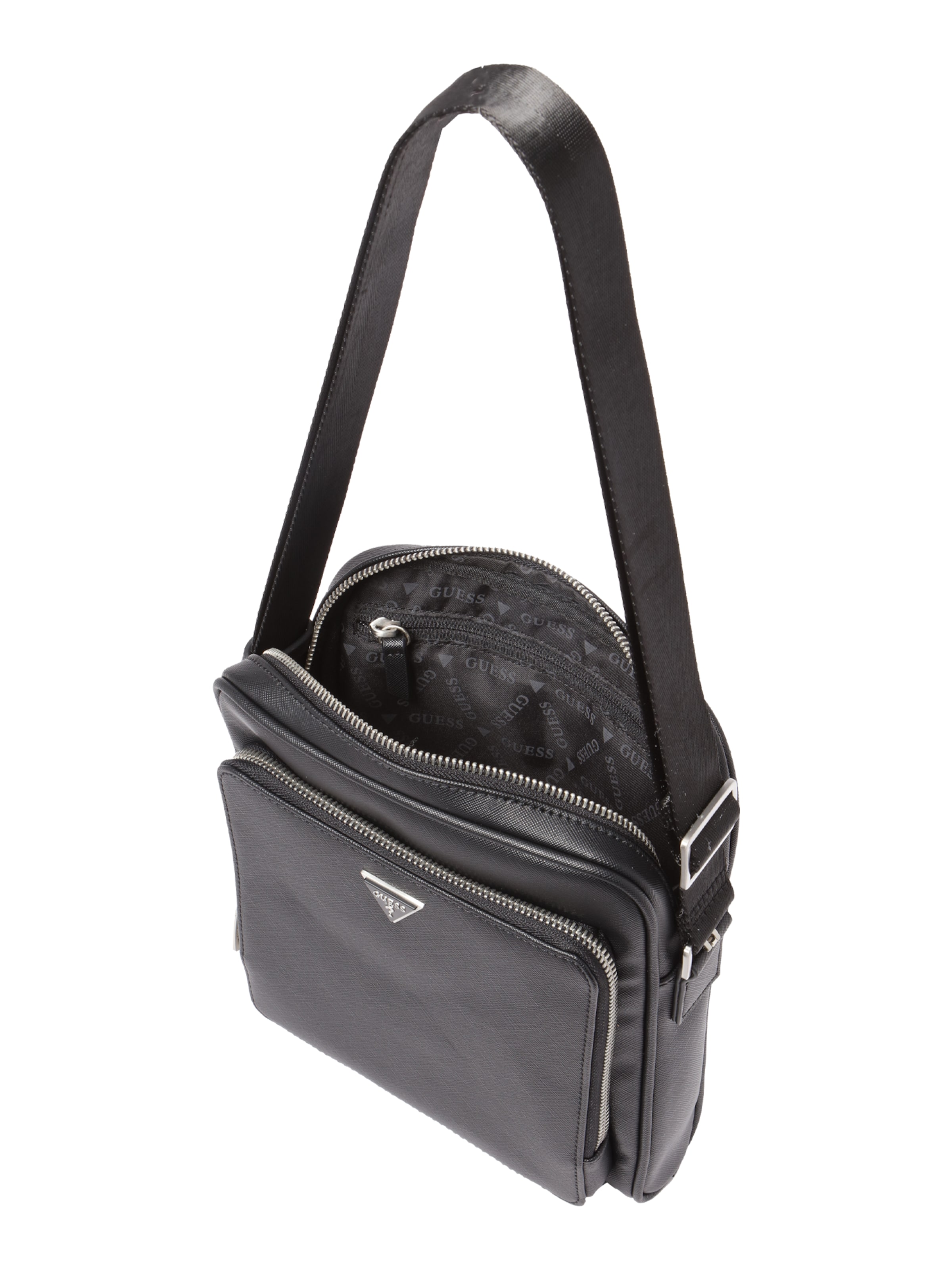 GUESS Axelremsväska 'MILANO TOP ZIP XBDY W FRT PCKT' i svart