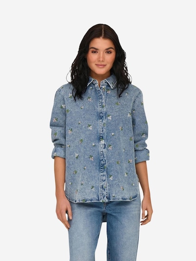 ONLY Chaqueta de entretiempo 'Onlvera L/S Flower Emb Shirt Dnm Noos 15351977' en XS en azul denim, Vista del producto