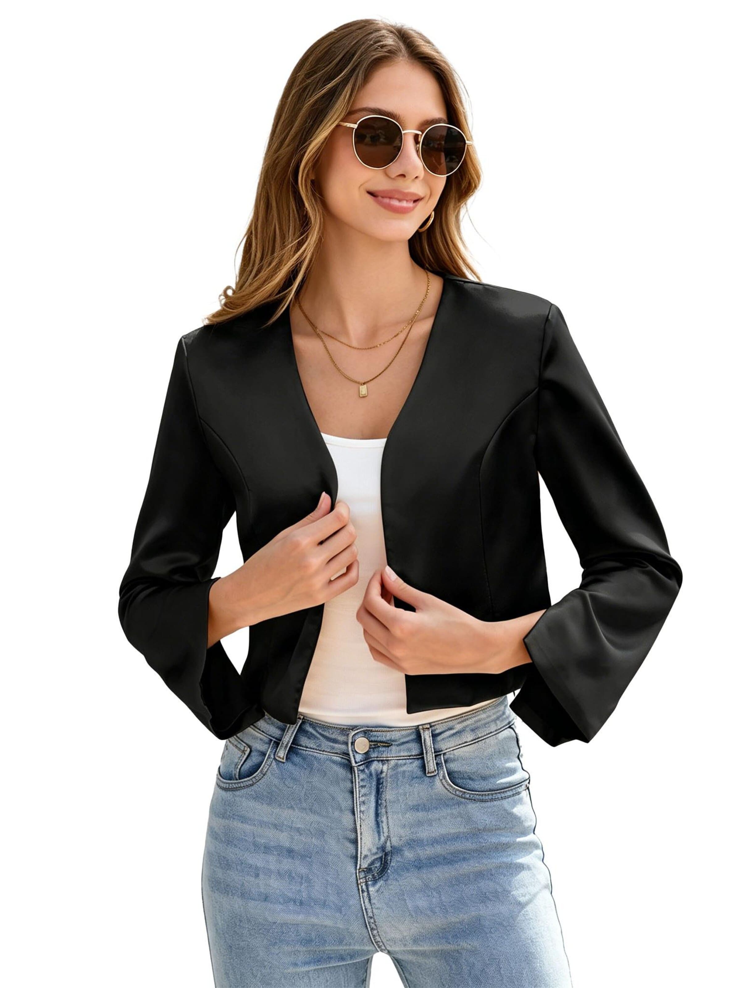 KoJooin Blazer 'Satin-Cardigan für Damen, lange ärmel,vorne offen, kurz geschnitten,Bolero-Schulterjacke fürs Büro'‌‌‌‌‌ in Schwarz