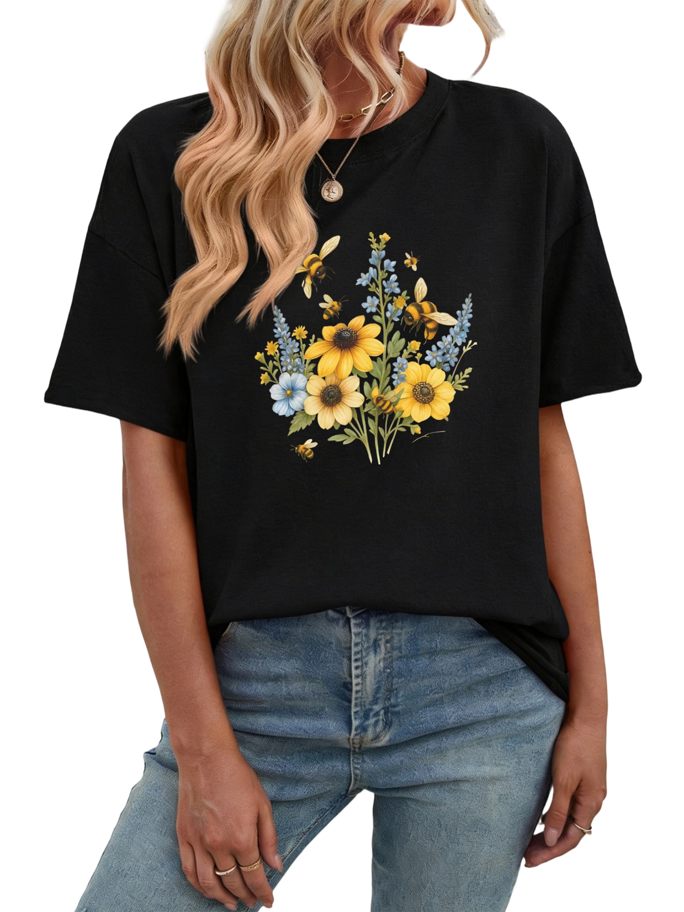 GORHEY Oversized shirt 'Women Short Sleeve T-Shirt with Flowers Print Tees' in Black: front