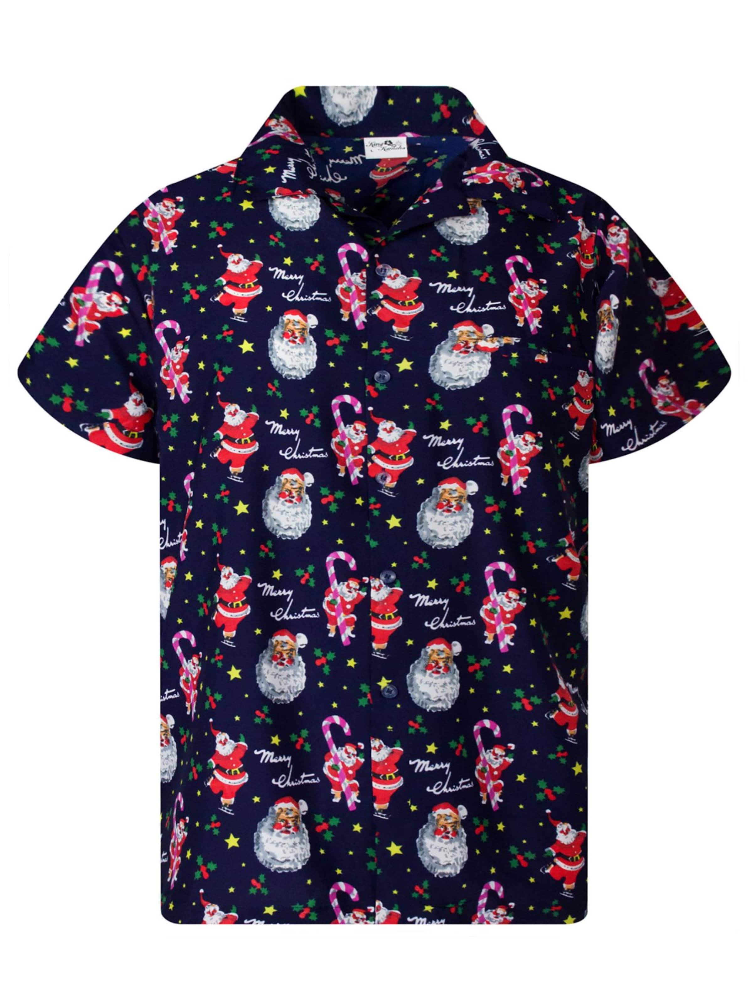 King Kameha Regular fit Button Up Shirt 'Christmas Candycane' in Blue: front