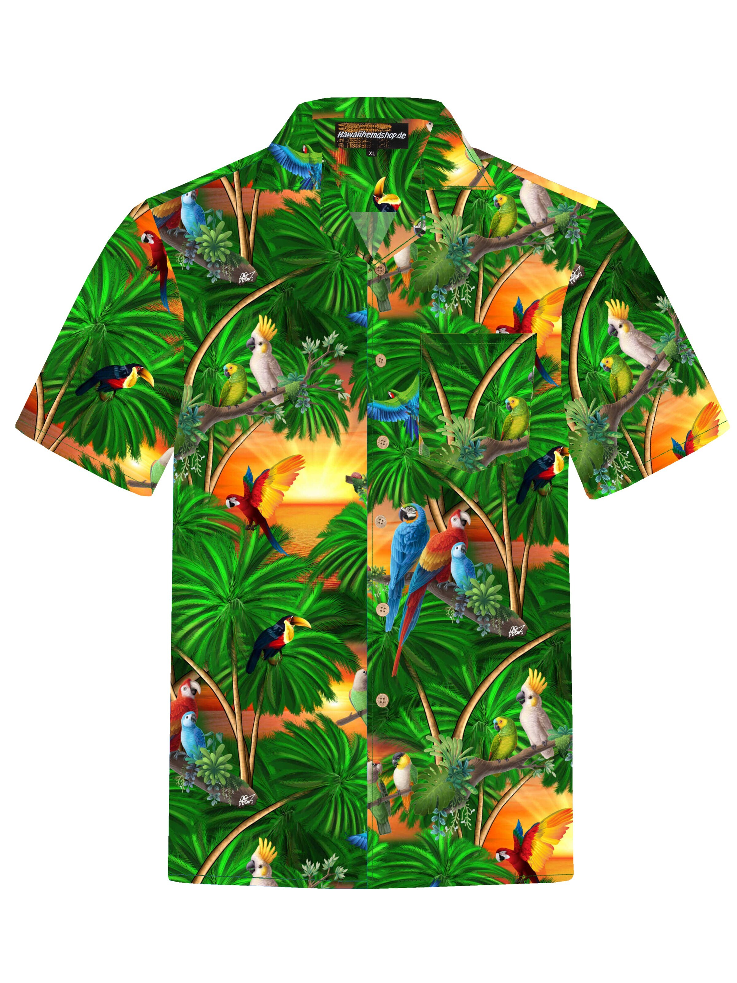 Hawaiihemdshop.de - Regular Fit Camisa 'Hawaiihemd "Jungle Parrots"' em verde: frente
