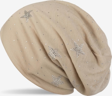styleBREAKER Mütze 'Beanie mit Strass Sterne' in Beige: Vorderseite