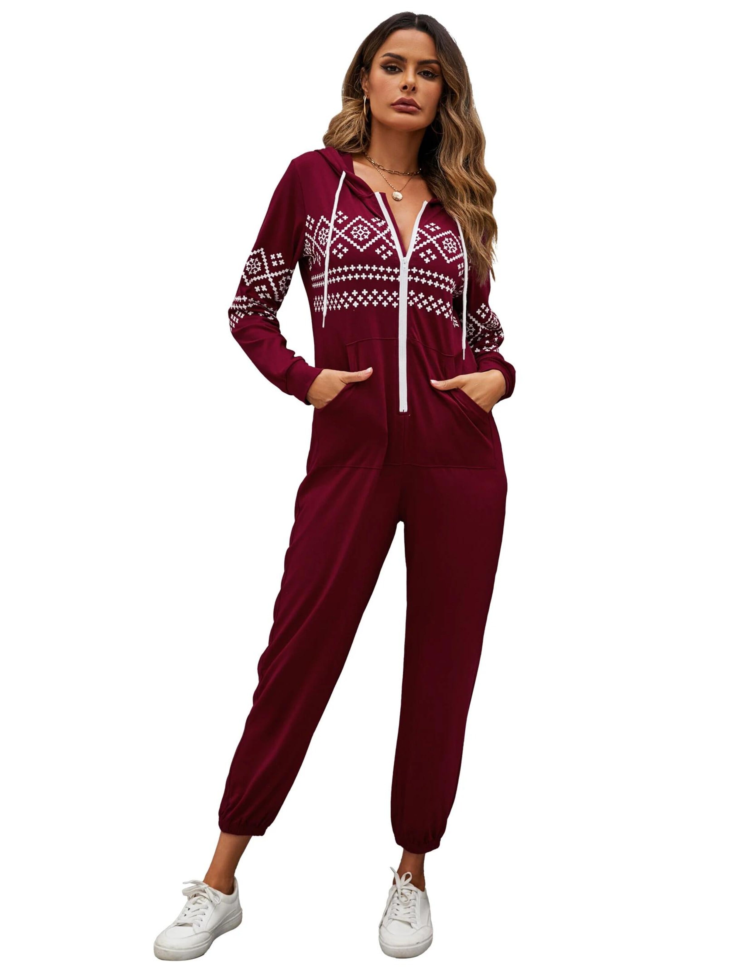 KoJooin Kombinezon 'Damen Overall mit Print, Kapuze, Kordelzug, langen Ärmeln und Taschen Bequemer Freizeit Jumpsuit' w kolorze czerwony