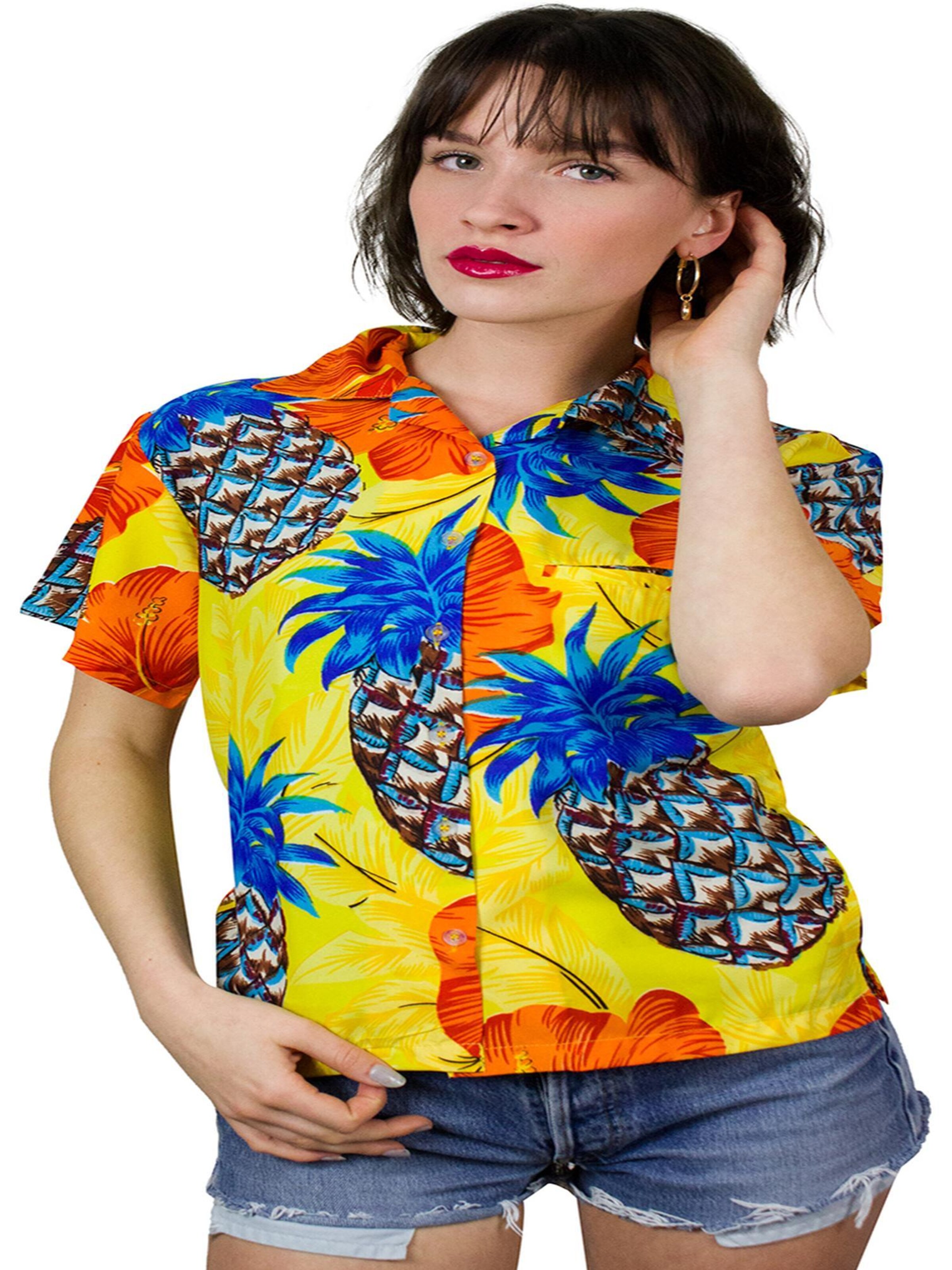 King Kameha Bluse 'Pineapple Hibiscus Shadow Line'‌‌ in Gelb: Vorderseite