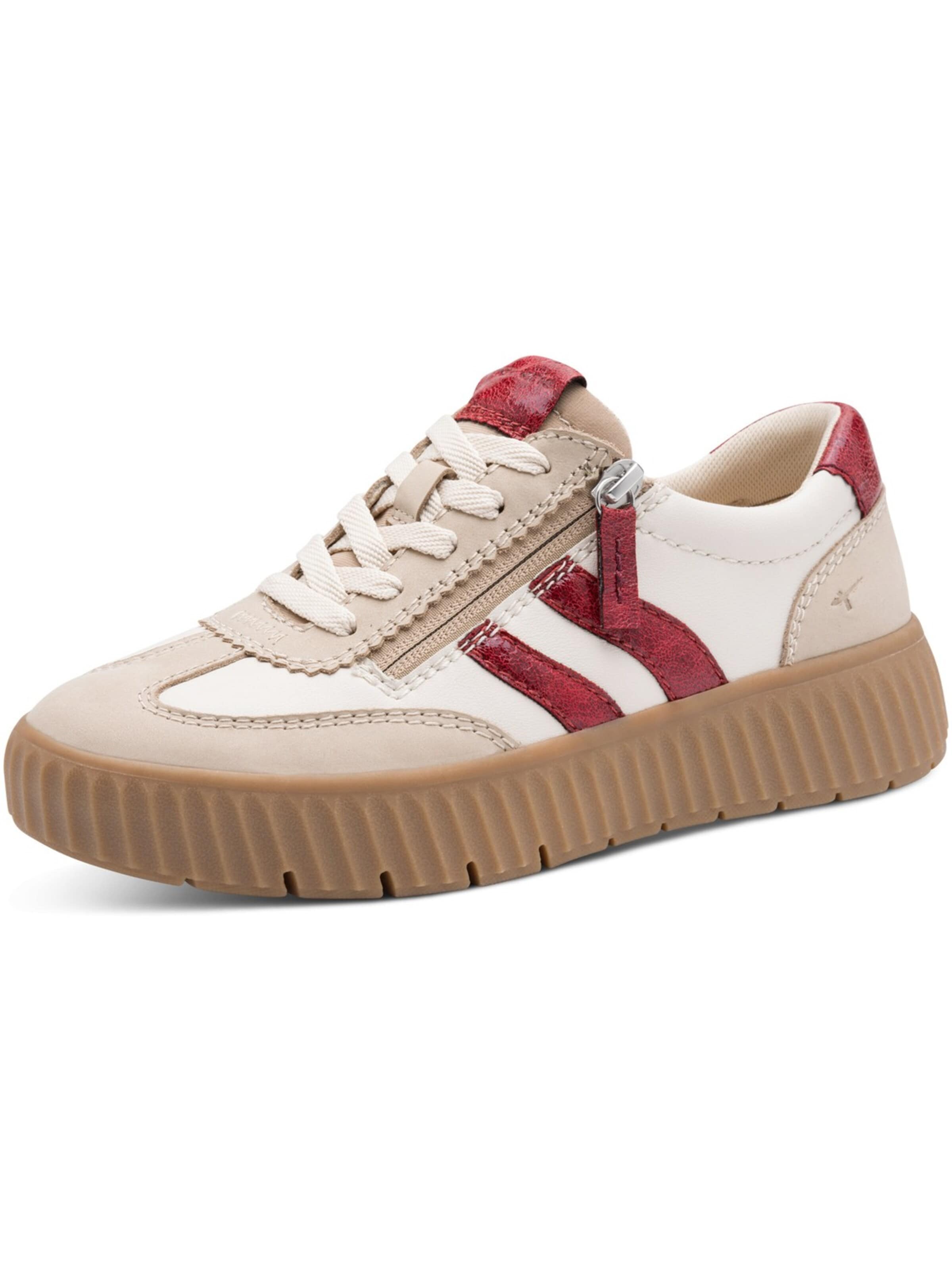 Tamaris Wide Fit Athletic Lace-Up Shoes 'Tamaris Comfort Sneaker - Beige / Rot Leder/Textil' in Beige: front