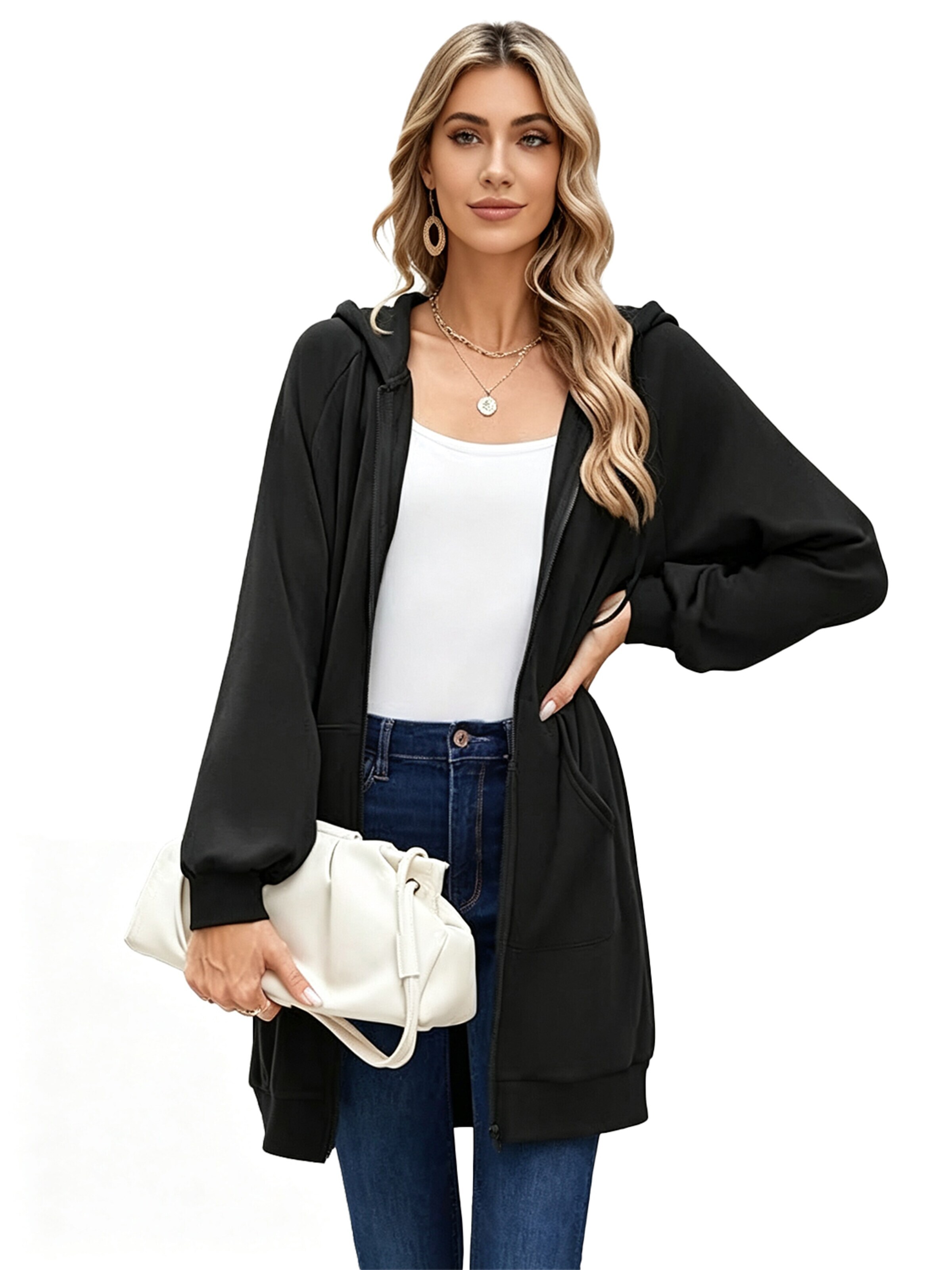 KoJooin Płaszcz zimowy 'Damen langer Kapuzenpullover mit Reißverschluss Oversize,casual, kuschelig gefüttert und gemütlich' w kolorze czarny