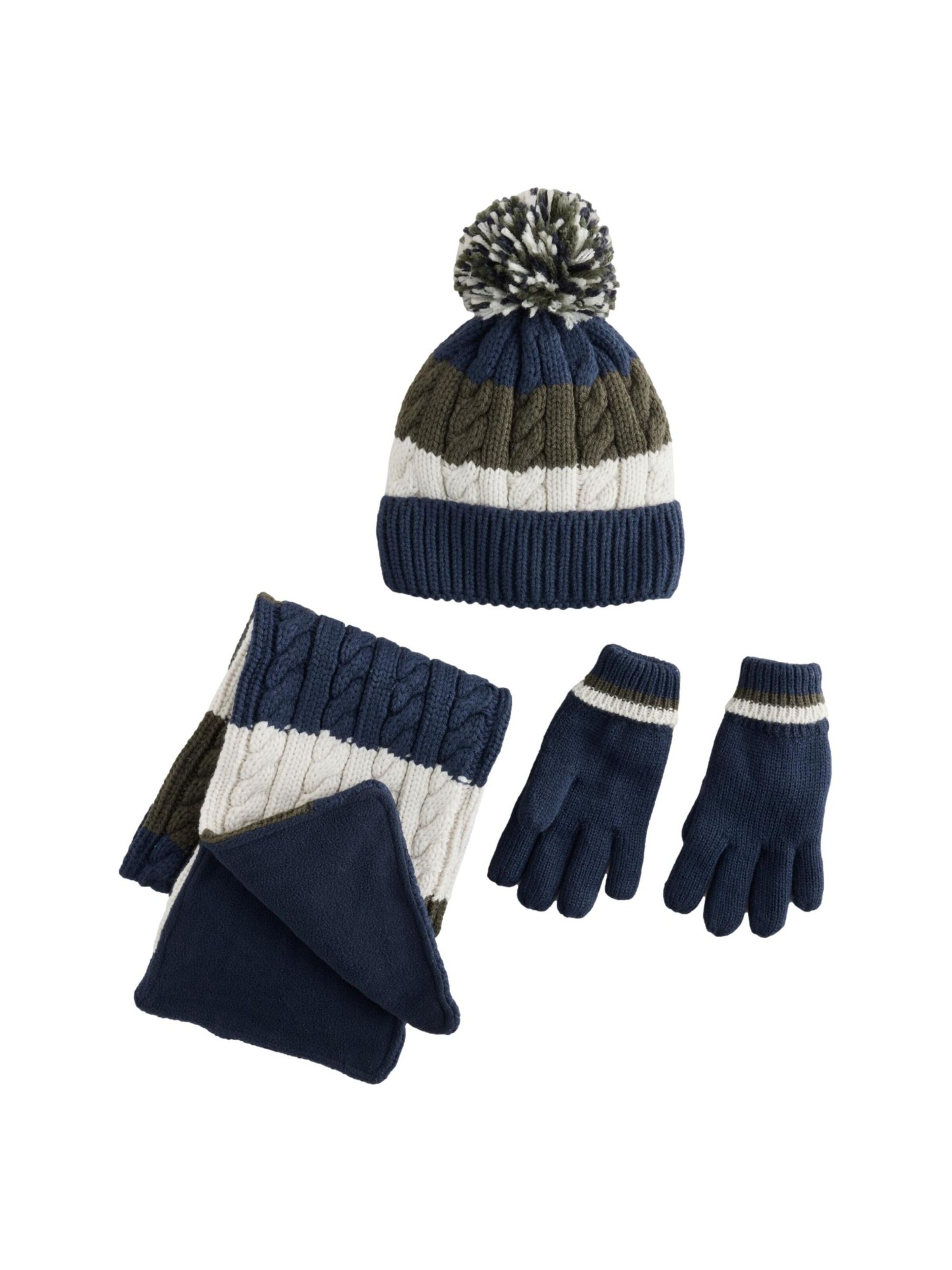 Next Set: Mütze, Schal und Handschuhe in Blau: Vorderseite