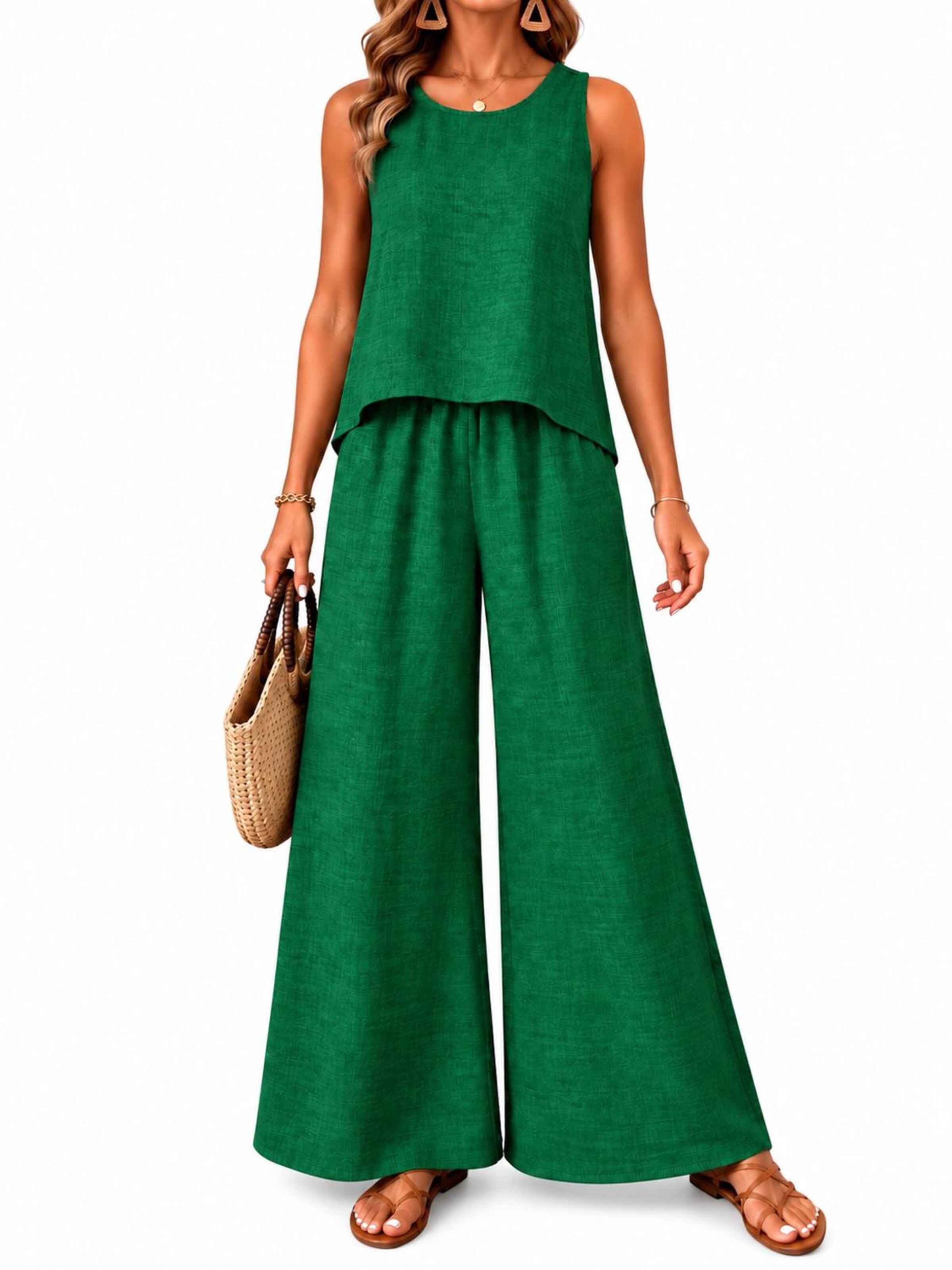 SPORTS36.NL Jurk 'Women's Sleeveless Linen-Blend 2-Piece Set' in Groen: voorkant