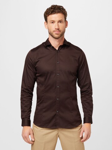 JACK & JONES Super Slim Fit Button Up Shirt 'Parma' in Brown: front