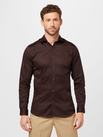 JACK & JONES Slim fit Button Up Shirt 'Parma' in Brown: front
