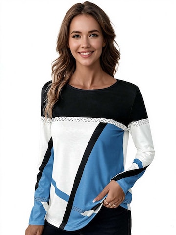 KoJooin Top 'Damen Langarmshirt mit Rundhals, Kontrasteinsätzen und geometrischem Print' w kolorze niebieski