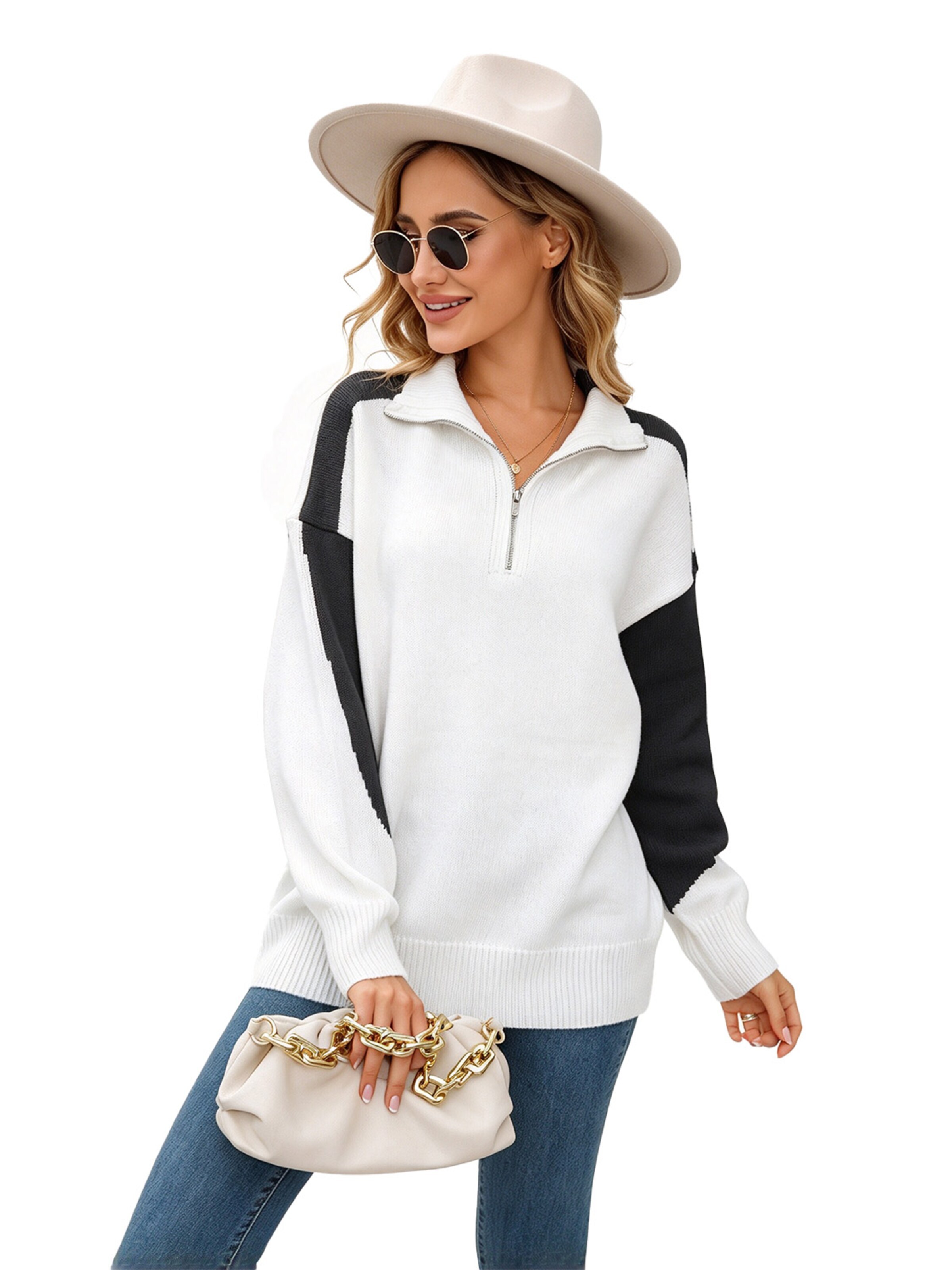 KoJooin Sweter 'Damen Oversize Strickpullover mit Stehkragen und Reißverschluss Lockerer Pullover mit Pull-Over' w kolorze czarny