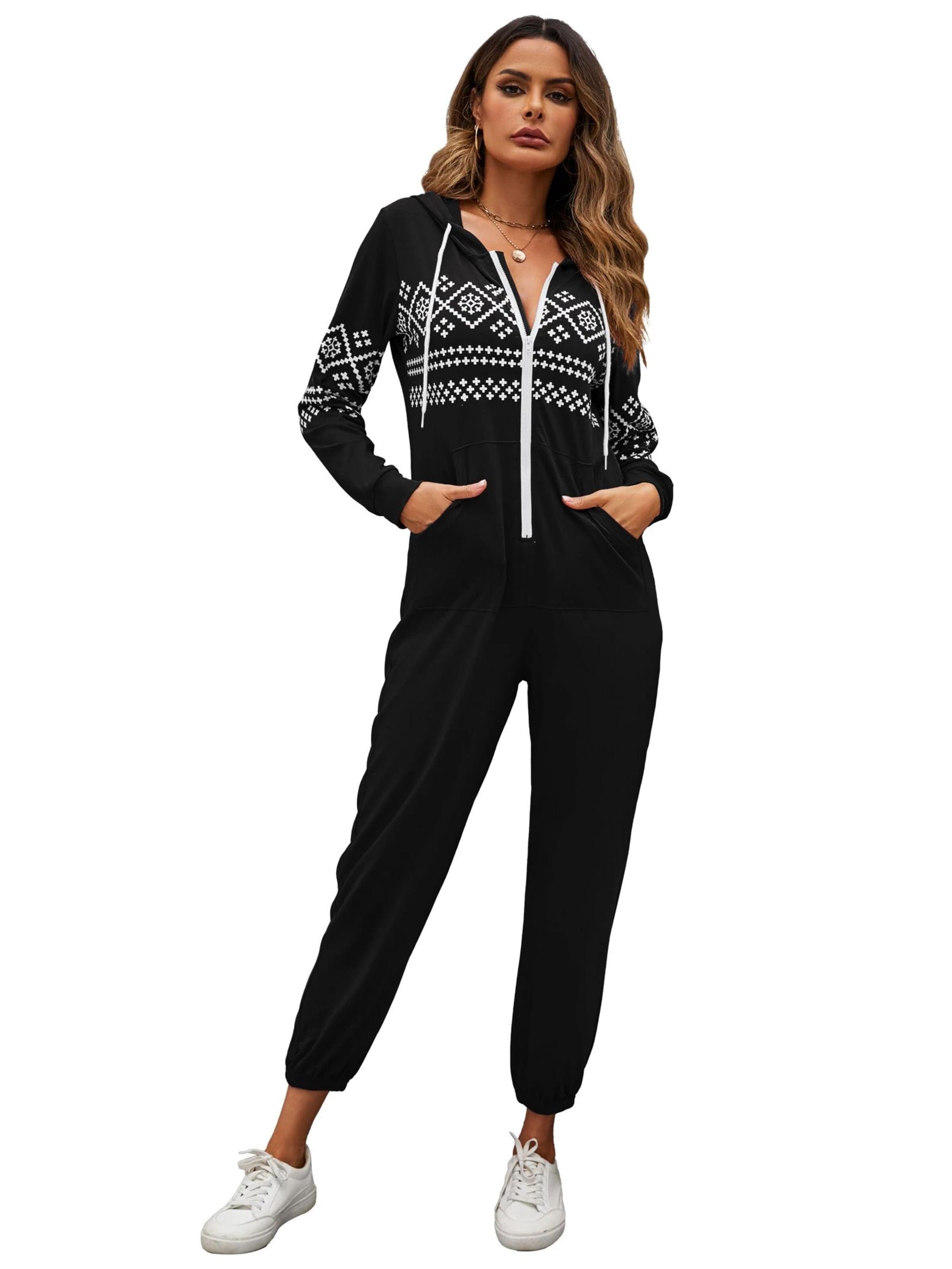 KoJooin Kombinezon 'Damen Overall mit Print, Kapuze, Kordelzug, langen Ärmeln und Taschen Bequemer Freizeit Jumpsuit' w kolorze czarny