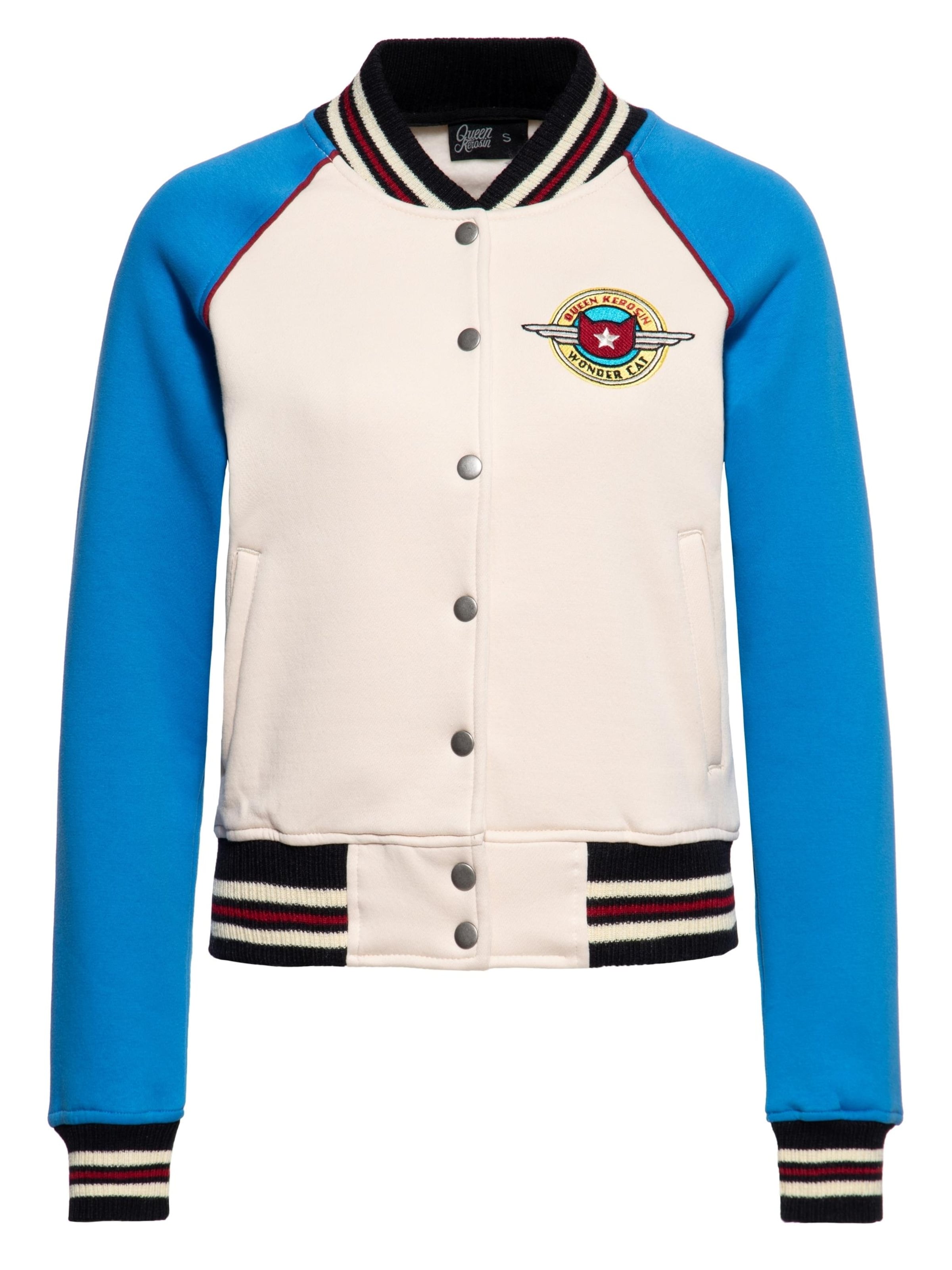 Queen Kerosin Between-Season Jacket 'Wonder Cat' in Beige: front