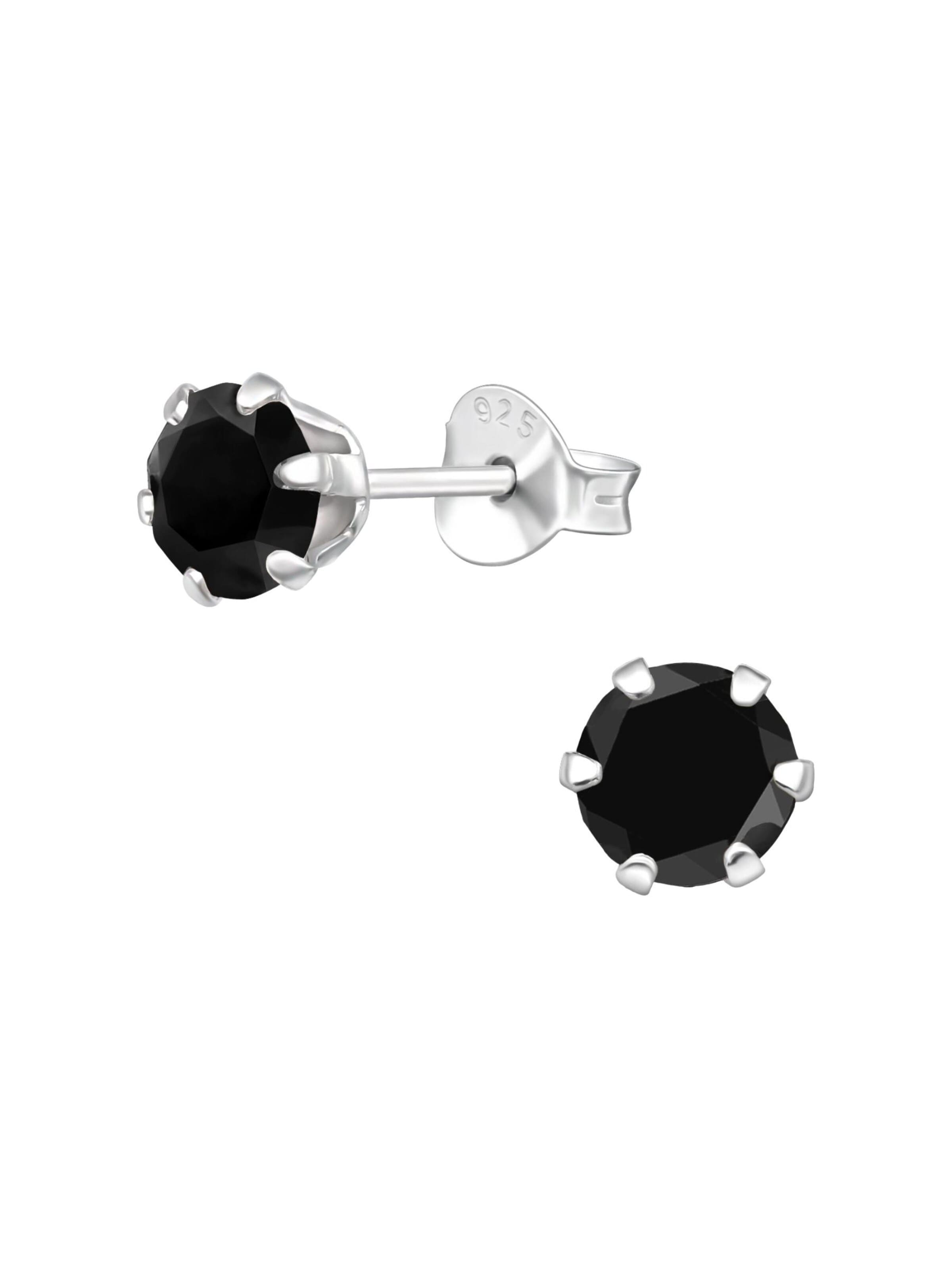 Maxte Ohrringe 'Silberne Runde 5 mm Ohrstecker mit Kristallen'‌‌‌‌‌ in Schwarz: Vorderseite