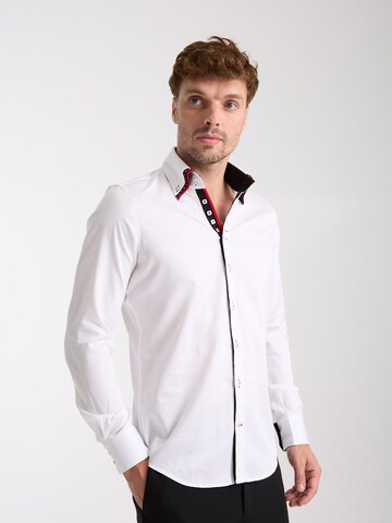 7Camicie Slim fit Zakelijk overhemd 'Vesuvio Iconic Satin Man Shirt Black' in Wit