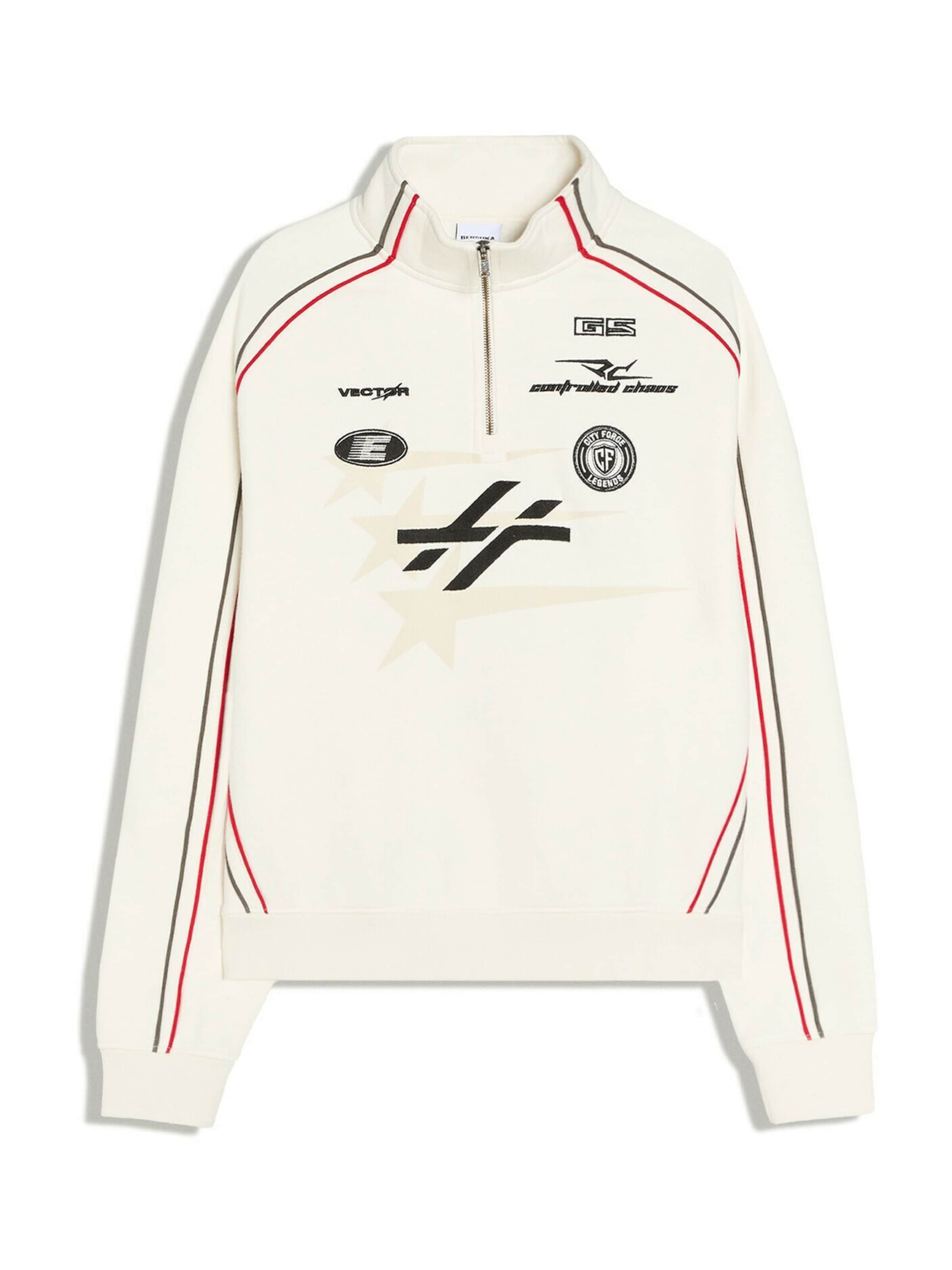 Bershka Mikina 'RACER' ve velikosti XS - béžová / hnědá / červená / offwhite, Produkt