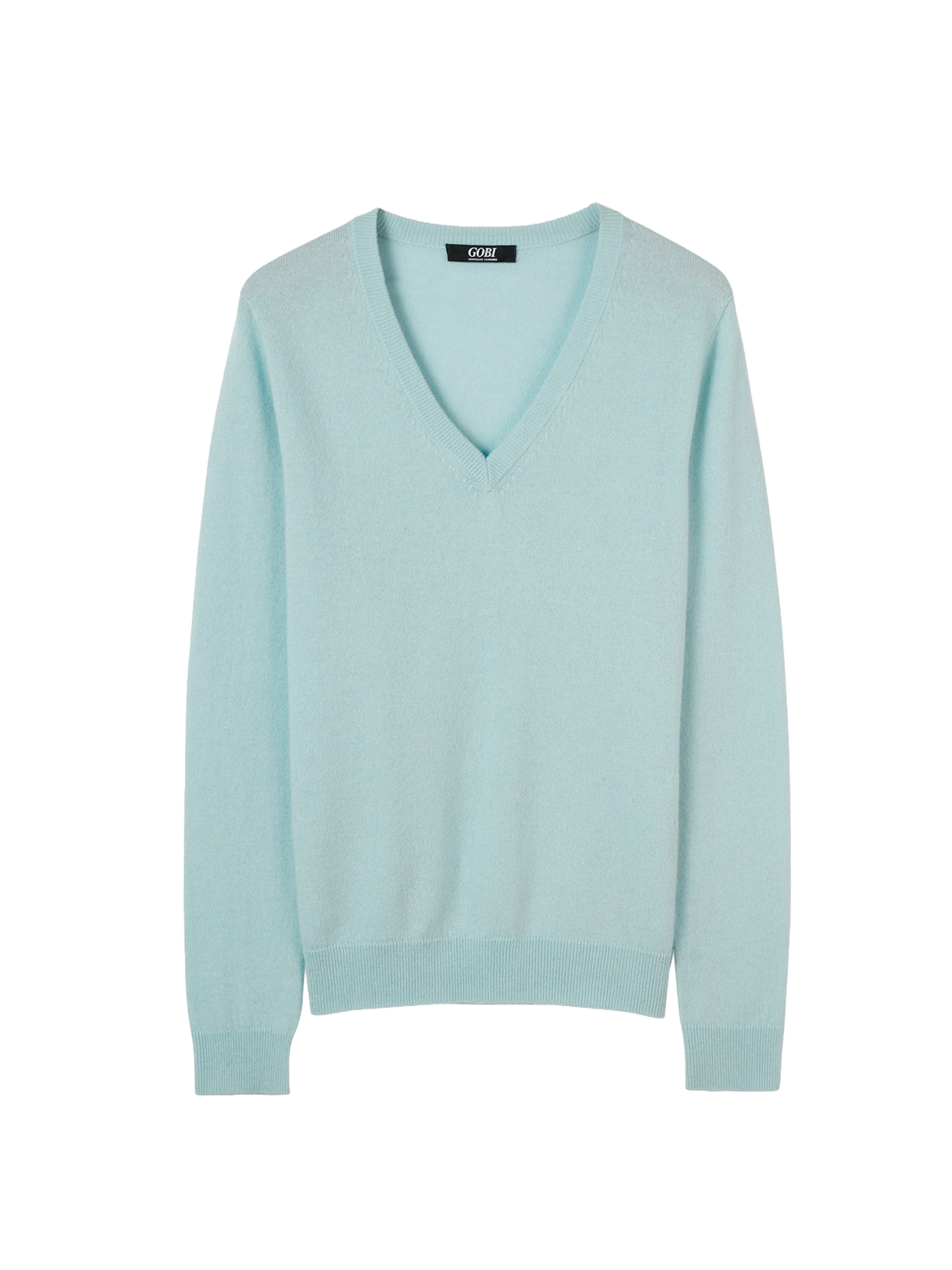 GOBI Cashmere Trui 'Women's Essential Cashmere V-Neck Sweater' in Blauw: voorkant