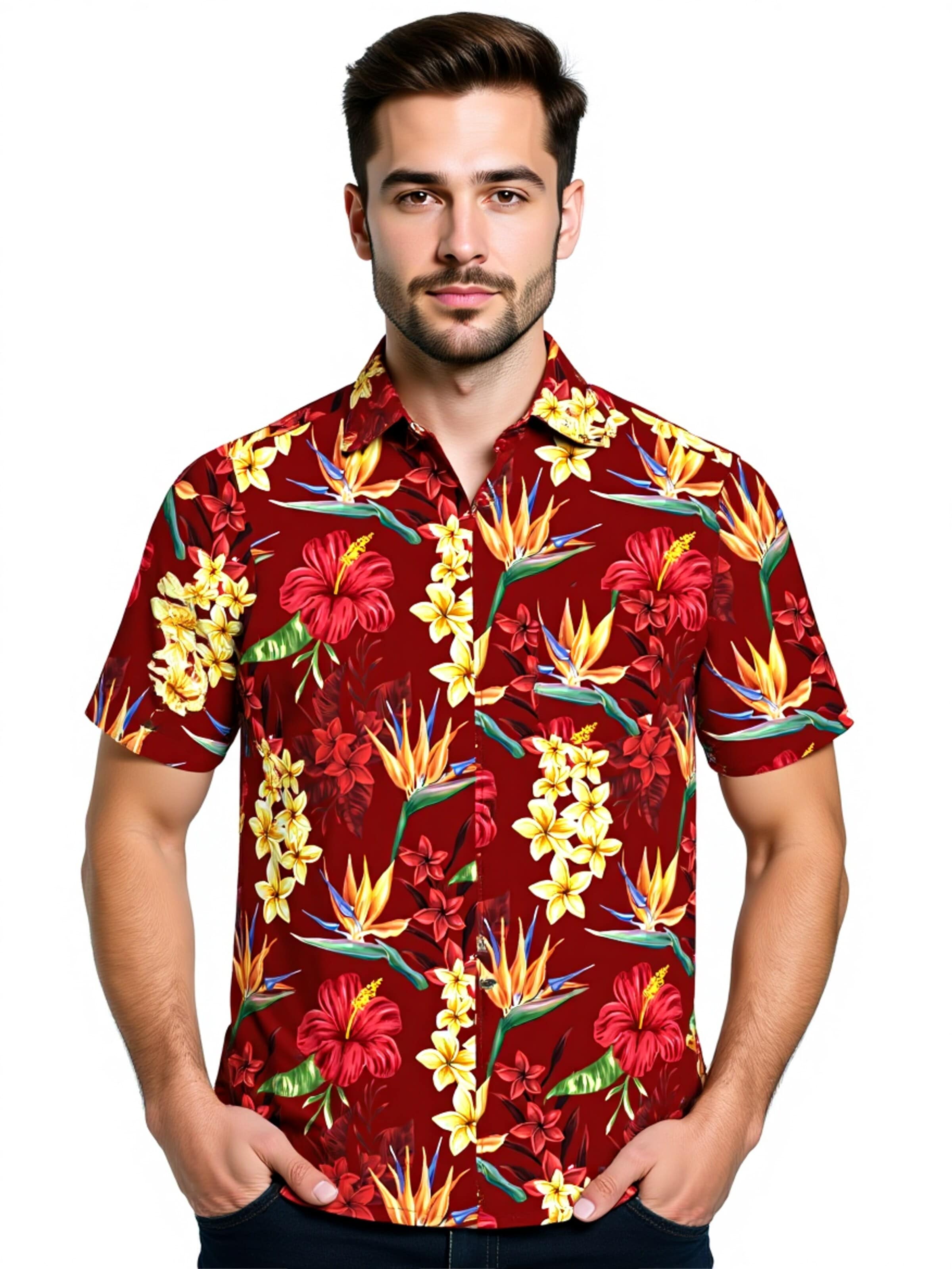 Hawaiihemdshop.de Regular fit Button Up Shirt 'Hawaiihemd Flowerful Summer (red)' in Red: front