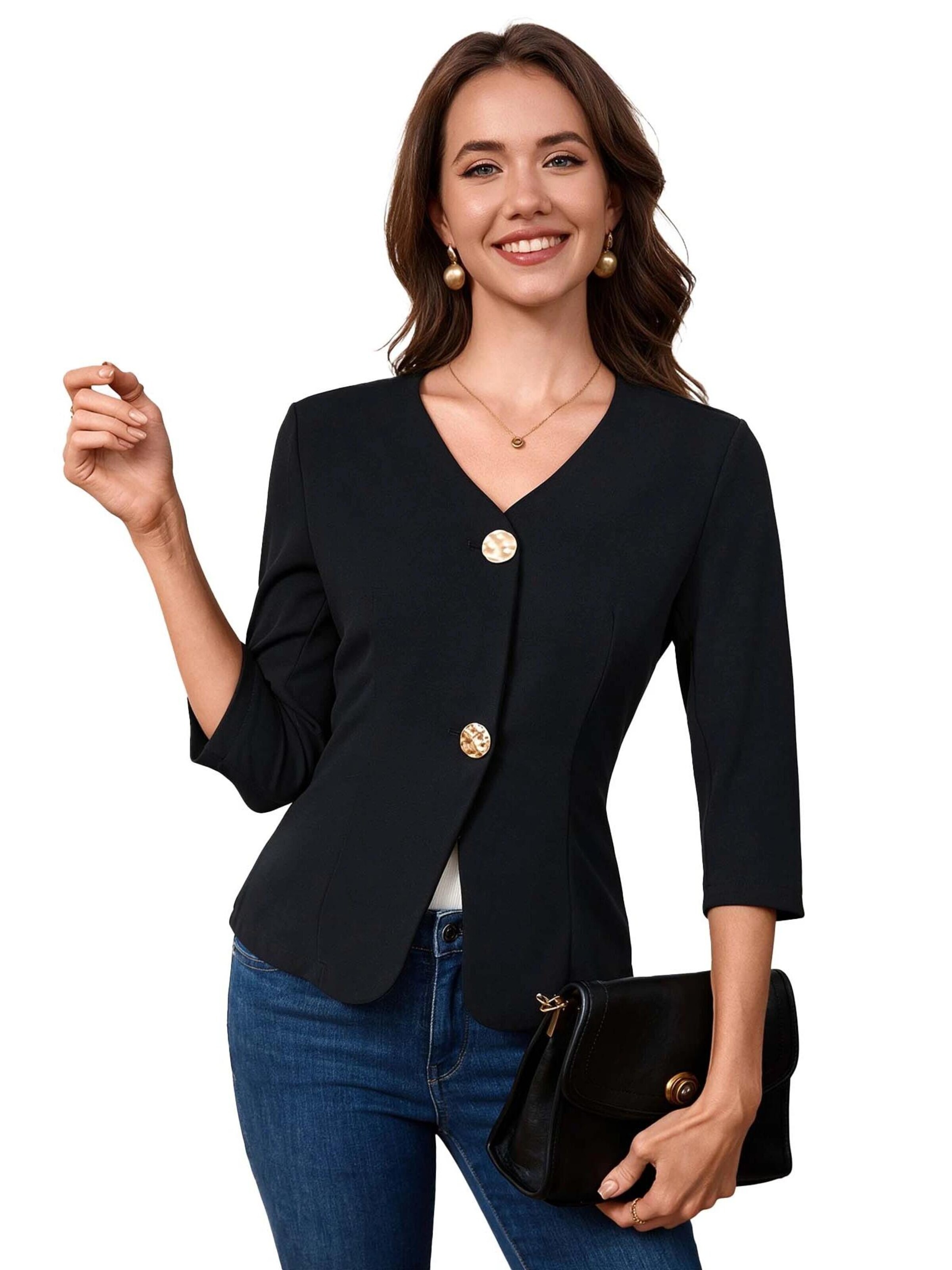 KoJooin Blazer 'Damen-Kurzblazer mit V-Ausschnitt, Metallknopf, Seitenschlitzen und 3/4-Ärmeln'‌‌‌‌‌ in Schwarz