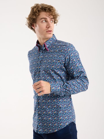 7Camicie Slim fit Zakelijk overhemd 'Sport Poplin Stretch Man Shirt Blue Yellow' in Blauw