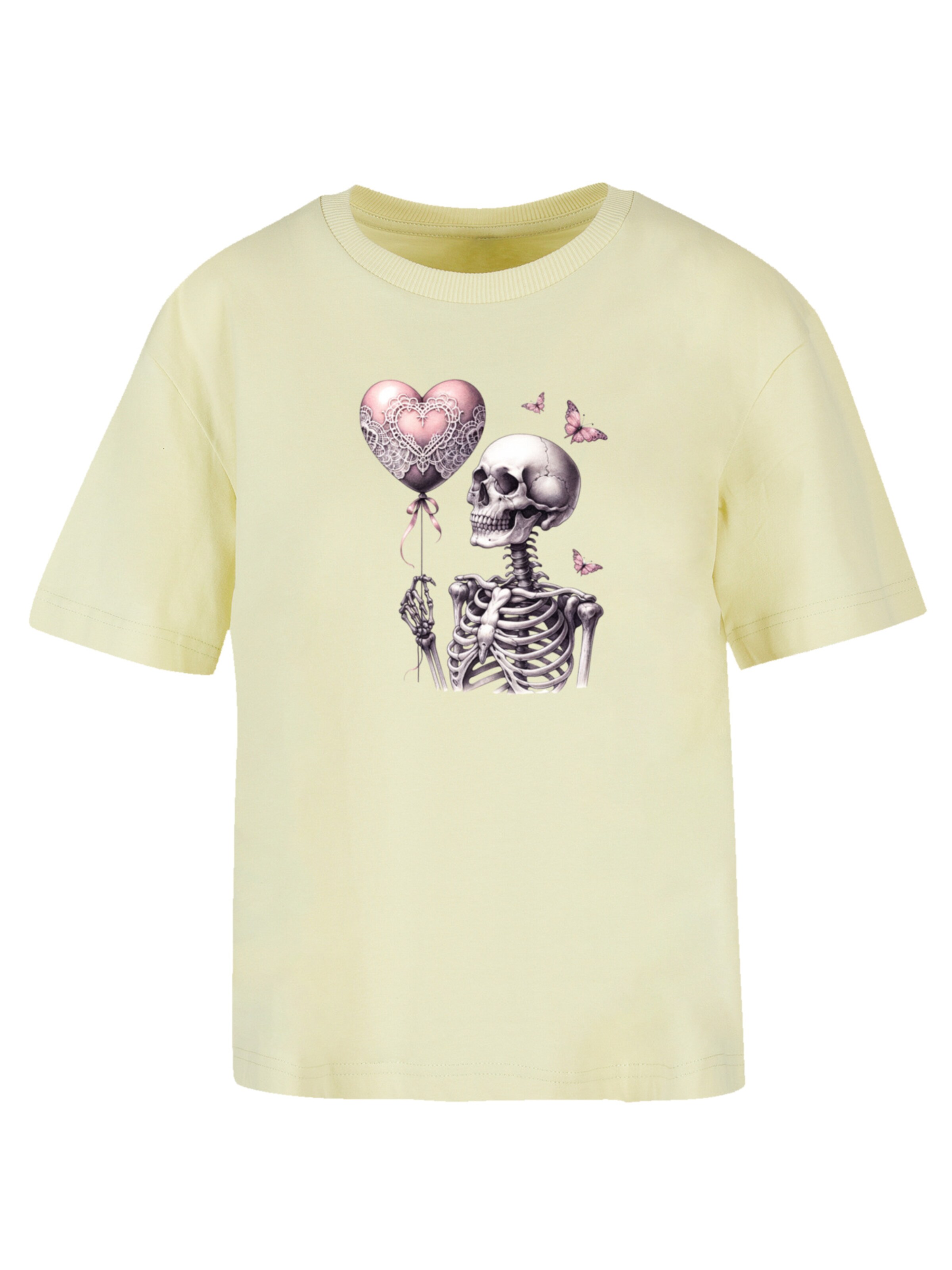 T-shirt 'Skelett hält Herzballon' F4NT4STIC en jaune : devant