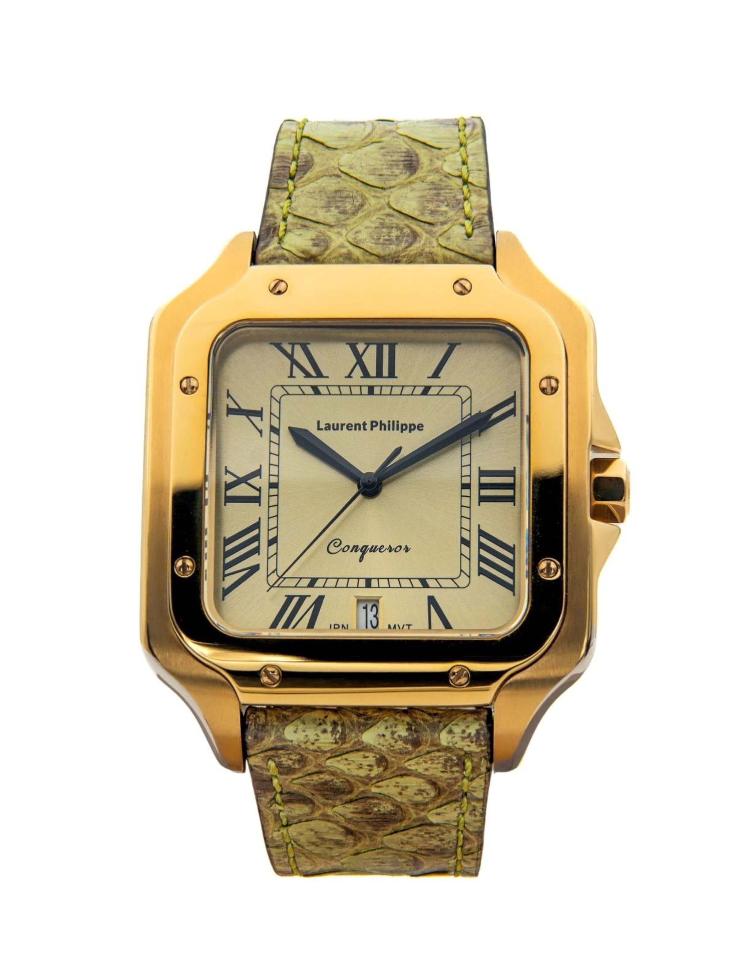 Orologio analogico 'Conqueror The Golden Eye – Toxic Lizard' di Laurent Philippe in oro: frontale