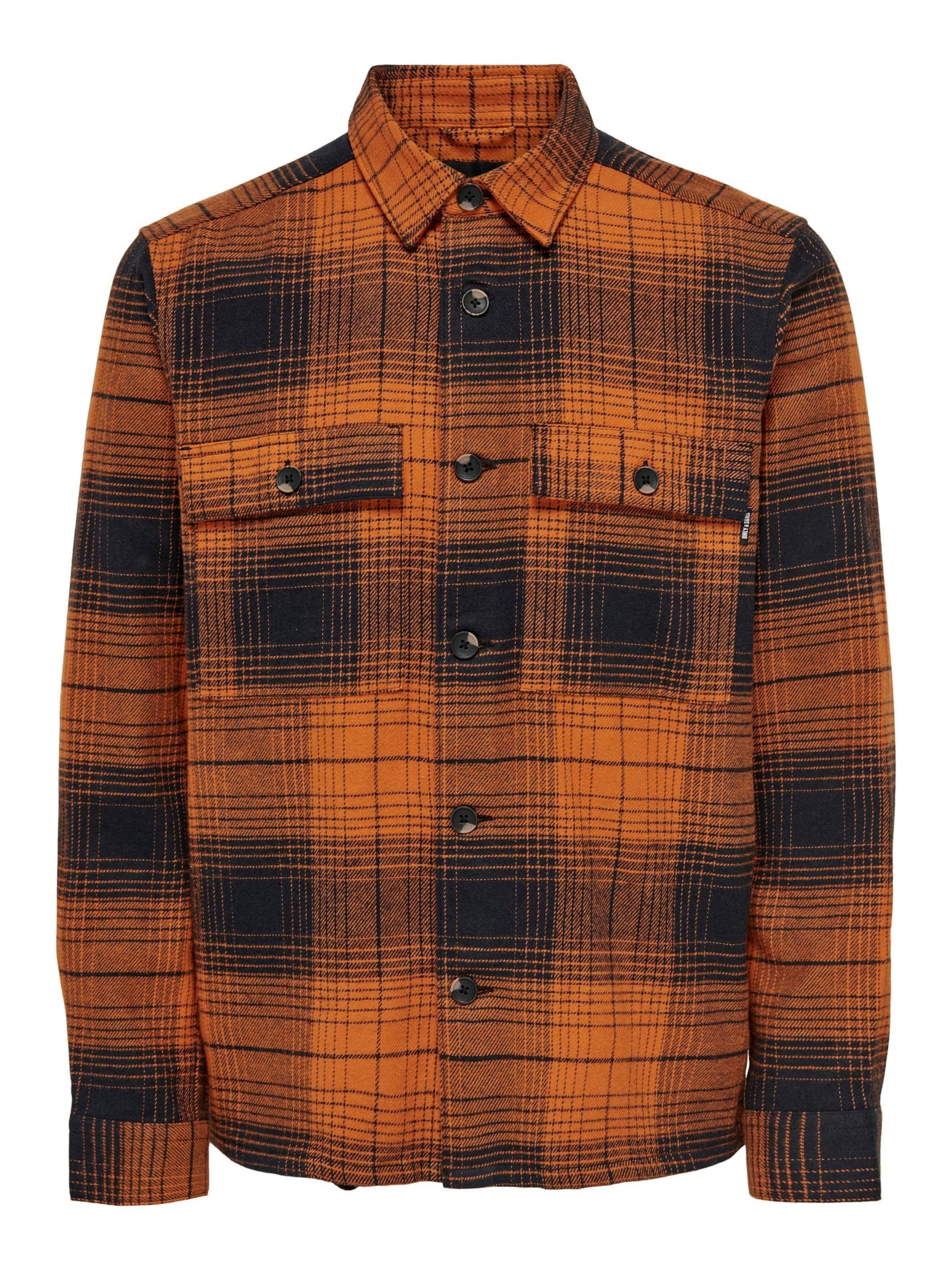 Only & Sons Comfort fit Button Up Shirt 'O&S Flanellhemd Holzfäller Langarm Freizeit Shirt aus Baumwolle Shacket Übergang Jacke ONSBAZ' in Brown: front