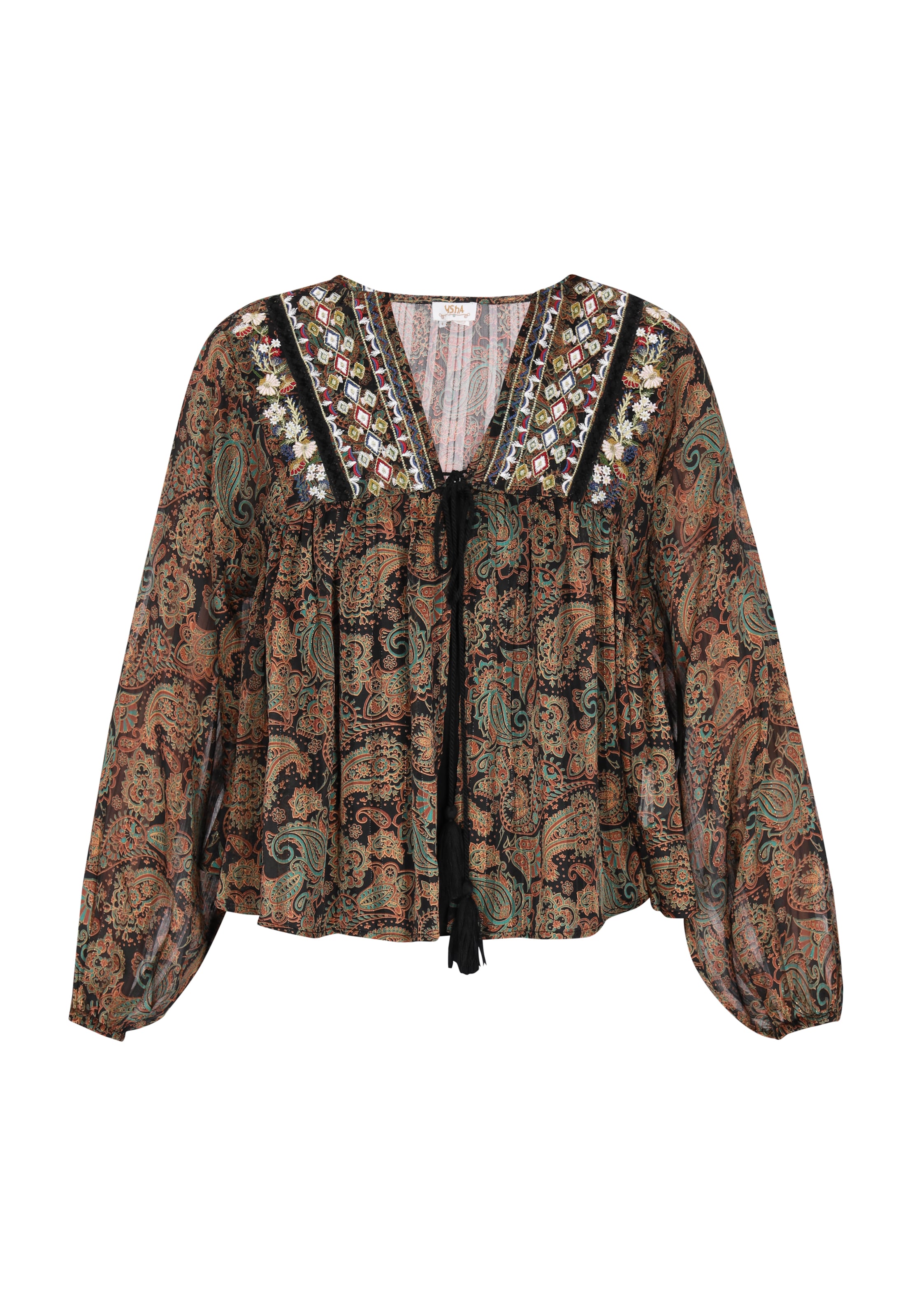 melns usha FESTIVAL Blūze 'Folklore': no priekšpuses