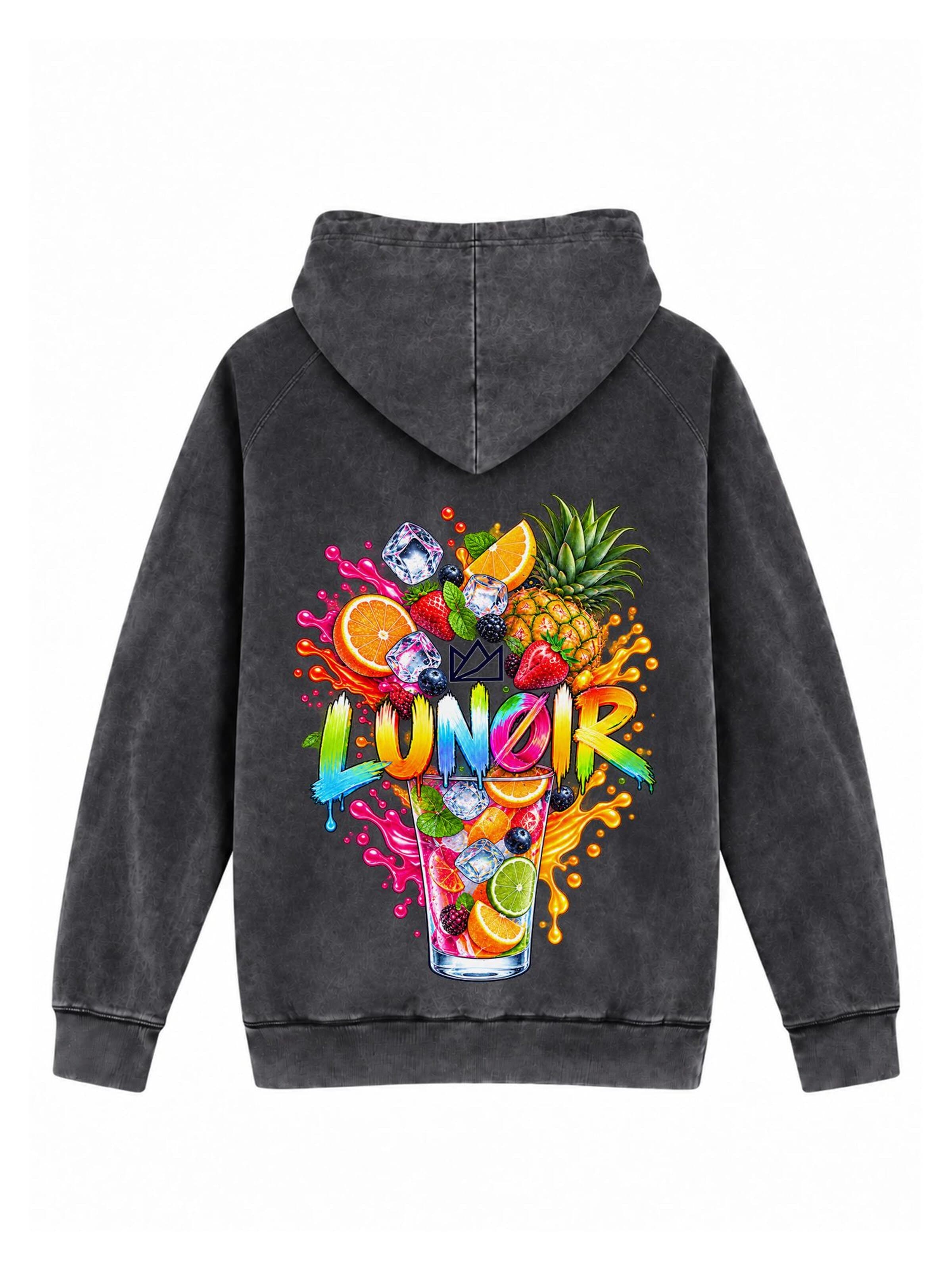 LUNØIR StudioSweater majica 'Tropical Riot – Fruit Splash' - crna boja: prednji dio