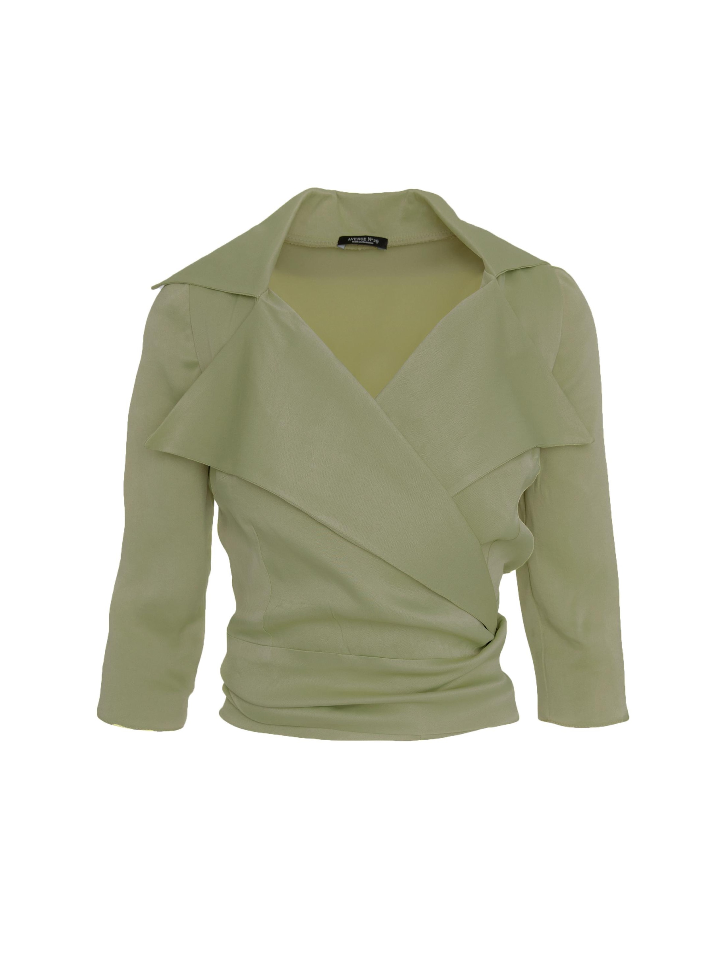 AVENUE N°29 Blouse 'Satin Viscose Lapel Wrap Blouse With Bow' in XXS in de kleur Olijfgroen, Productweergave