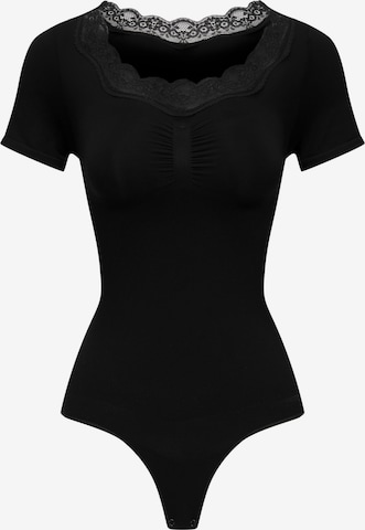 cfab - Body modelador 'Lace T-Shirt Bodysuit Sculpting Shapewear with String' em preto: frente