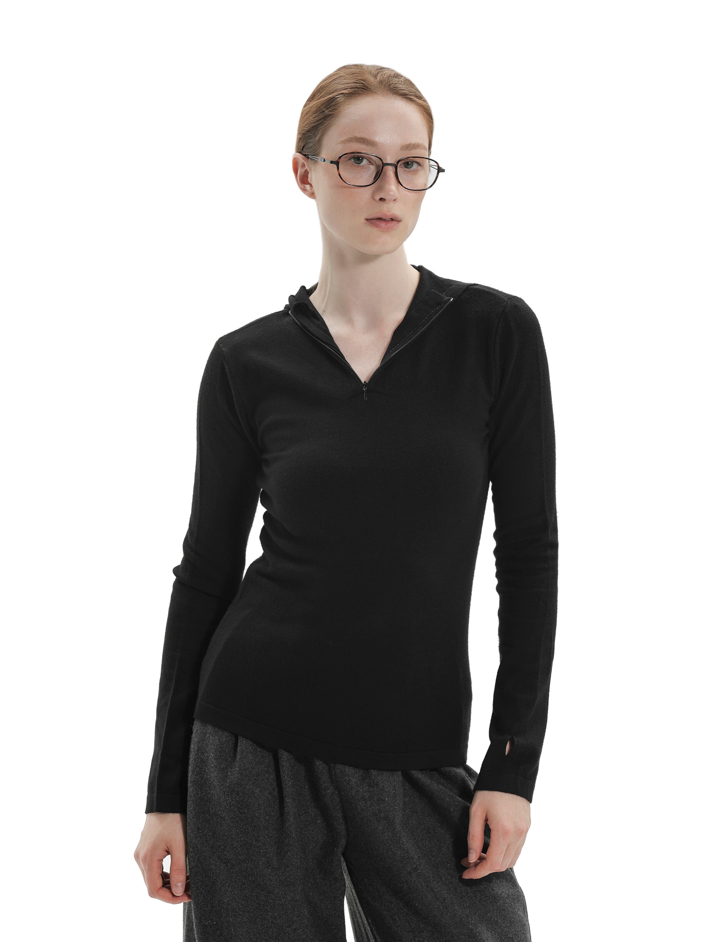TorWeit Knitted Top 'Black Hooded Knit Top' in Black