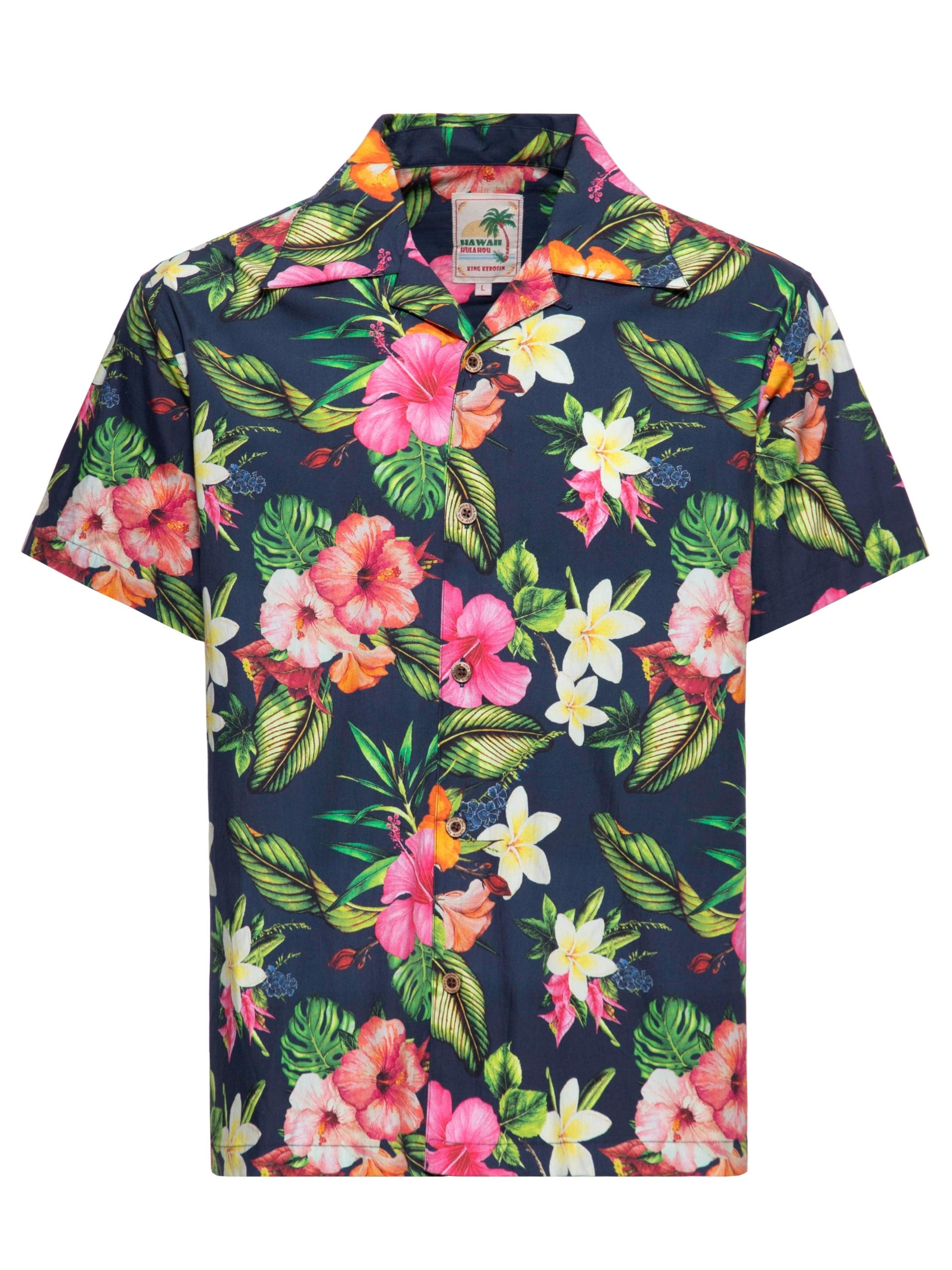 King Kerosin Regular fit Button Up Shirt 'Tropical Flowers' in Blue: front