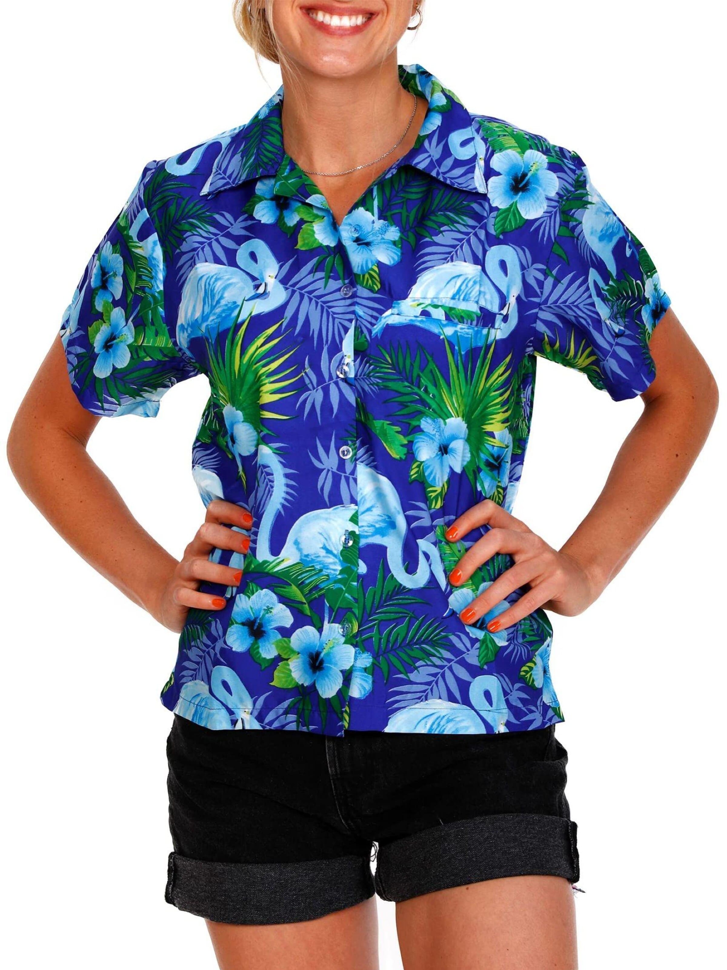 Camicia da donna 'Flamingo Flowers' di King Kameha in blu: frontale