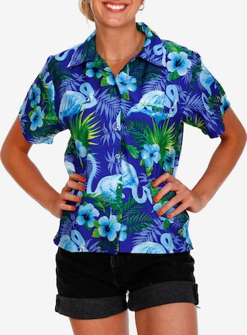 Camicia da donna 'Flamingo Flowers' di King Kameha in blu: frontale
