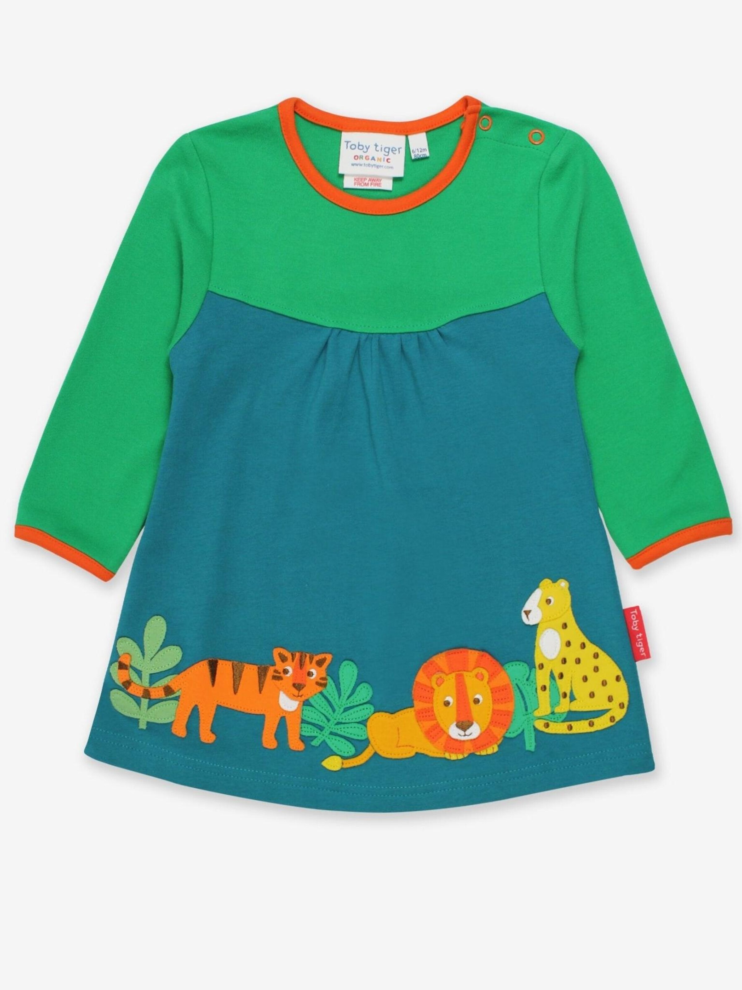 Toby Tiger Dress 'Bio-Baumwoll Kinder Jersey Kleid langarm mit Raubkatzen-Applikation' in Green: front