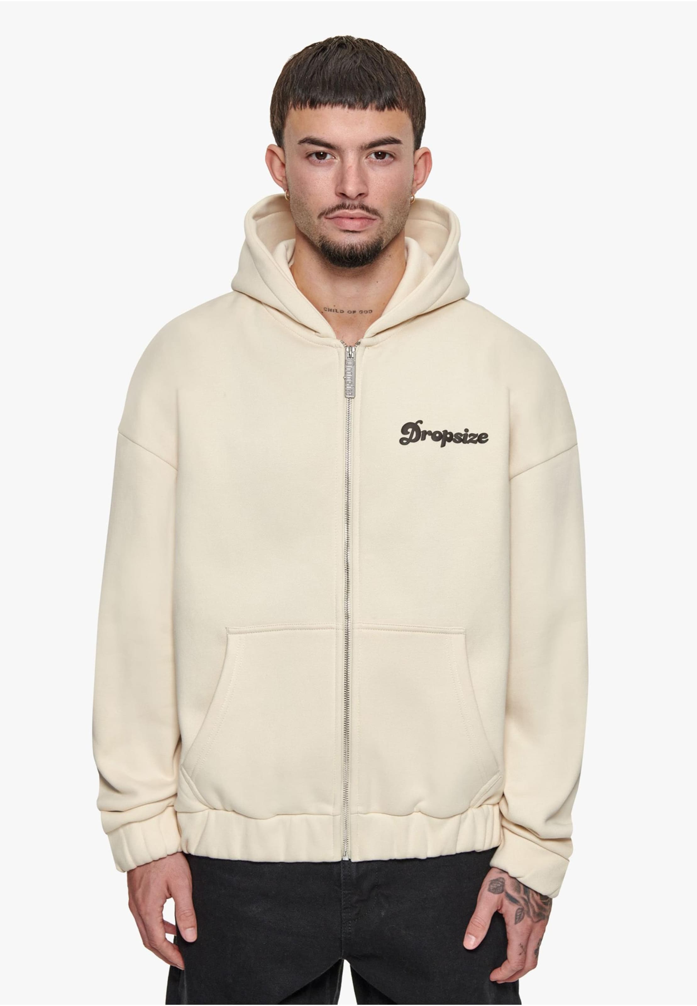 Dropsize Zip-Up Hoodie 'Dream Without Fear' in Beige | ABOUT YOU