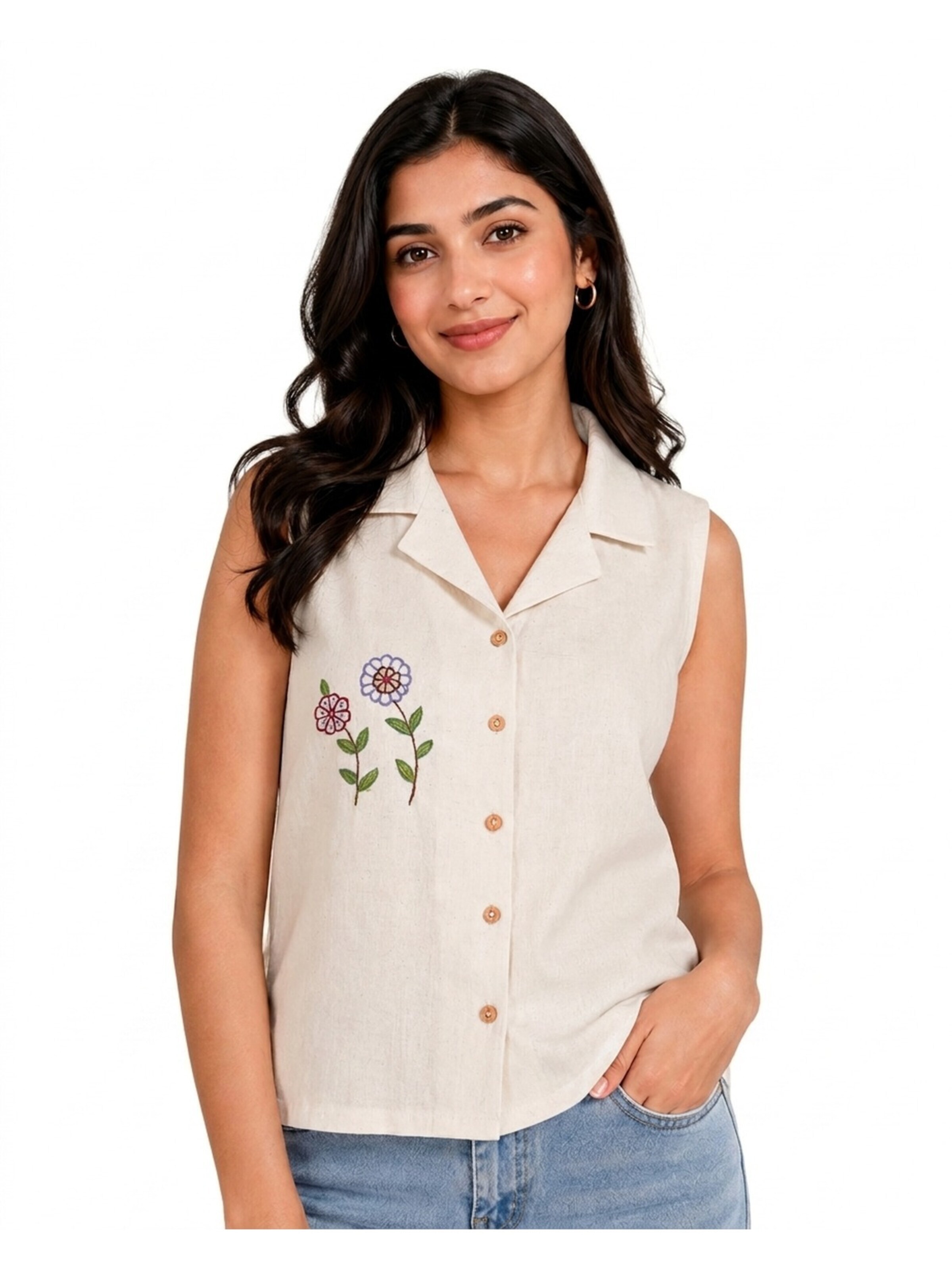 Reich Couture Chemisier 'Ivory Hand-Embroidered Cotton Sleeveless Shirt' en S en beige, Vue avec produit