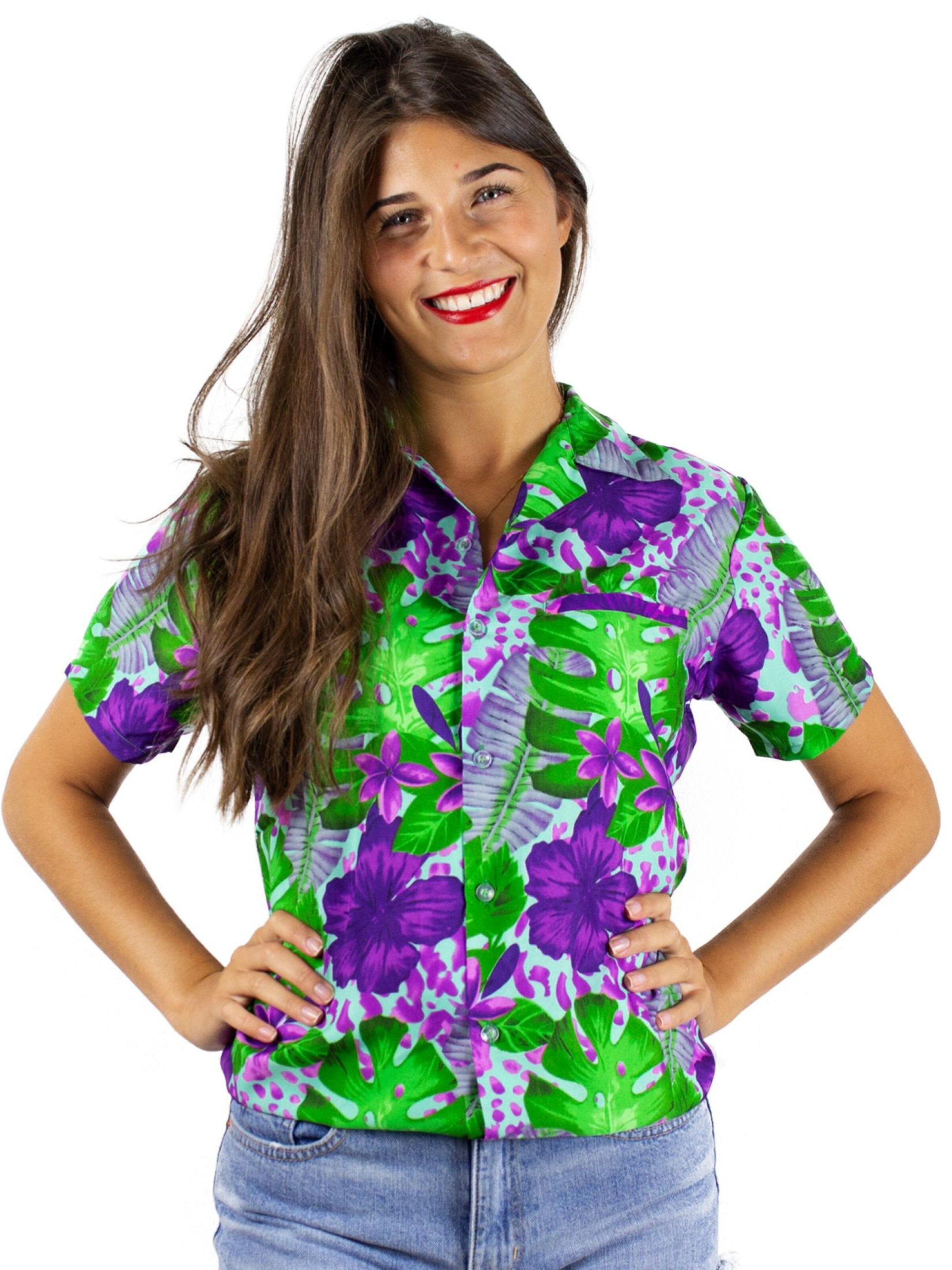 King Kameha Bluse 'Green Purple Flower'‌‌‌‌‌‌‌‌‌ in Blau: Vorderseite