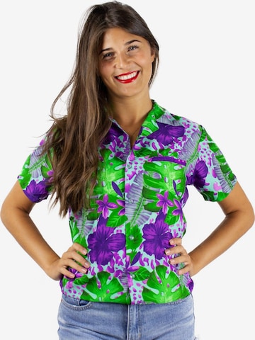 King Kameha Bluse 'Green Purple Flower' in Blau: Vorderseite