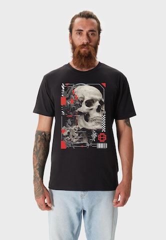 Oldskull Shirt 'Xtreme futuristic skull headphones graphic' in Zwart: voorkant