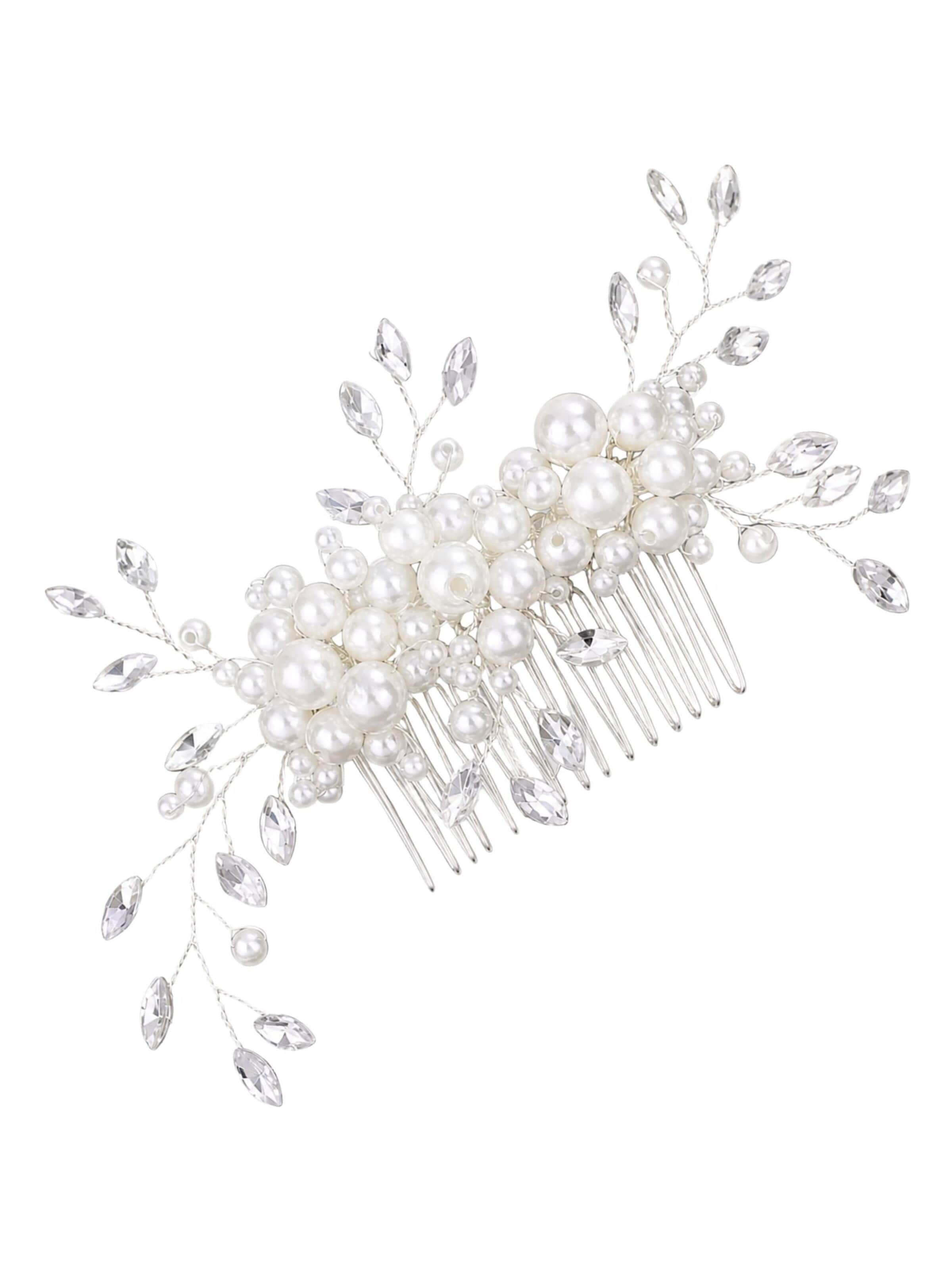 ANNIS WIESBADEN EST. 2021 Hair Jewelry 'Handgefertigter Braut Haarkamm, Haarnadel „Elena“ – Perlen & Kristalle florale Optik' in Silver: front