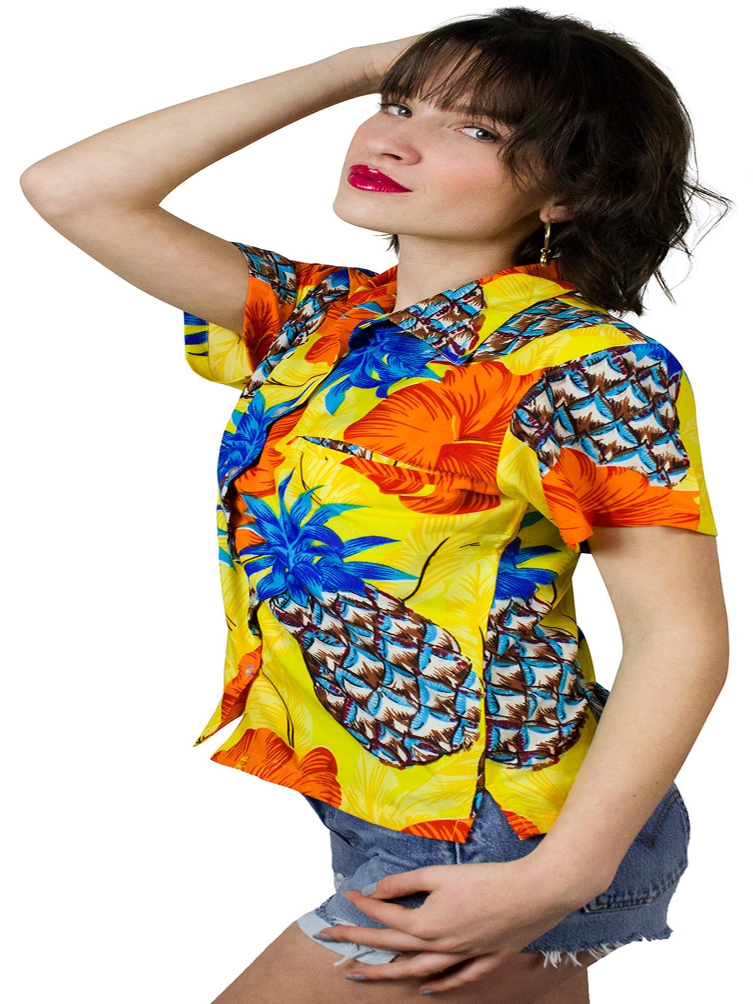 King Kameha Bluse 'Pineapple Hibiscus Shadow Line'‌‌ in Gelb