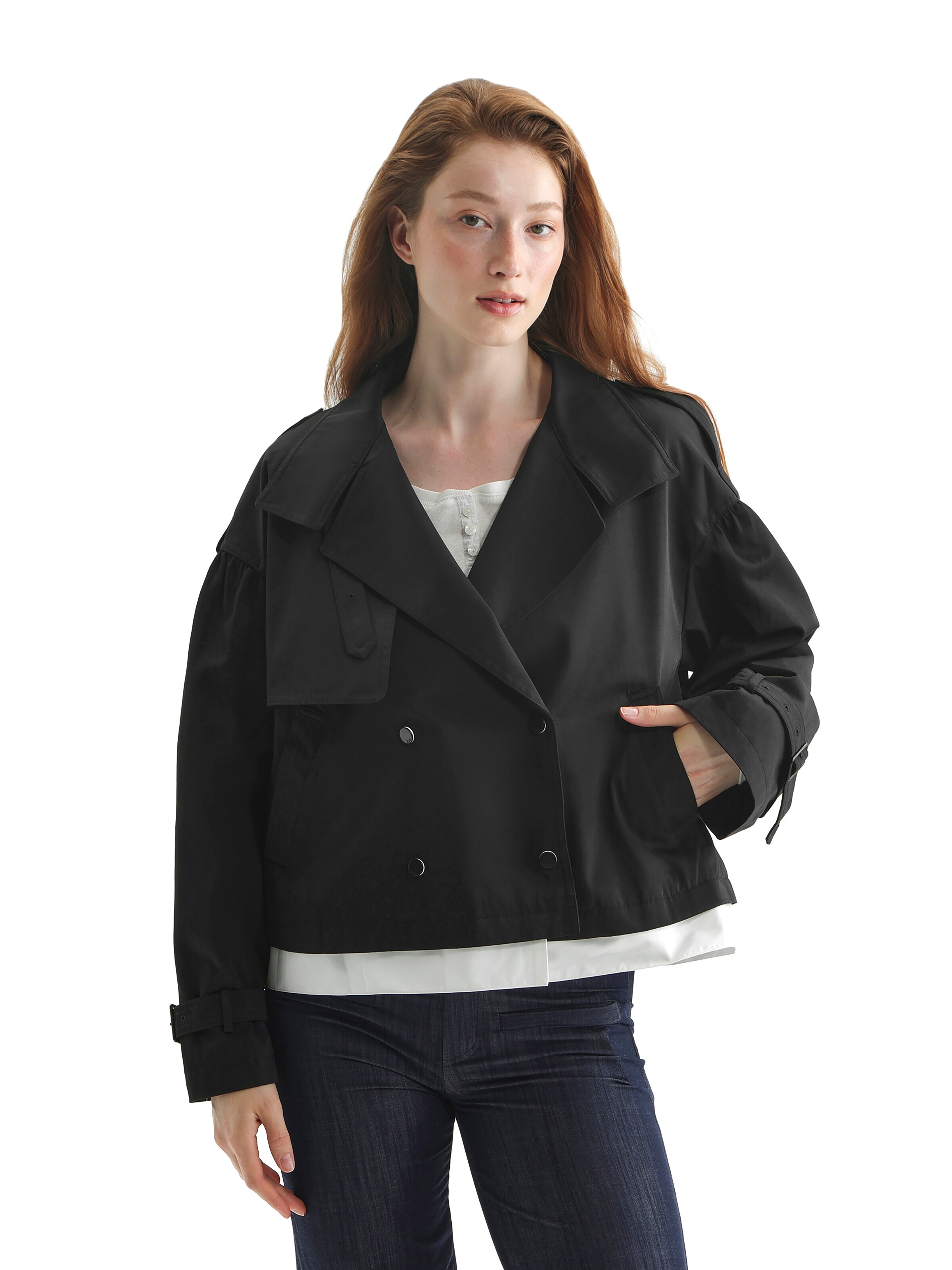 TorWeit Between-Seasons Coat 'Double-breasted cropped trench coat' in Black
