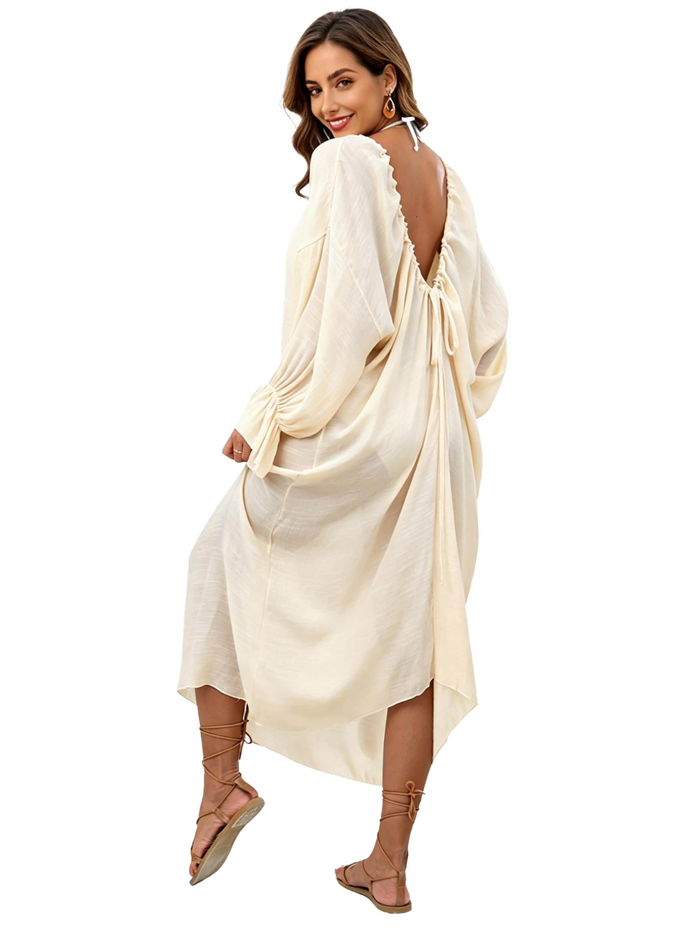 KoJooin Dress 'Maxikleid mit Rundhalsausschnitt, tiefem V-Ausschnitt und offenem Rücken, ideal als Bikini-Cover-Up' in Beige